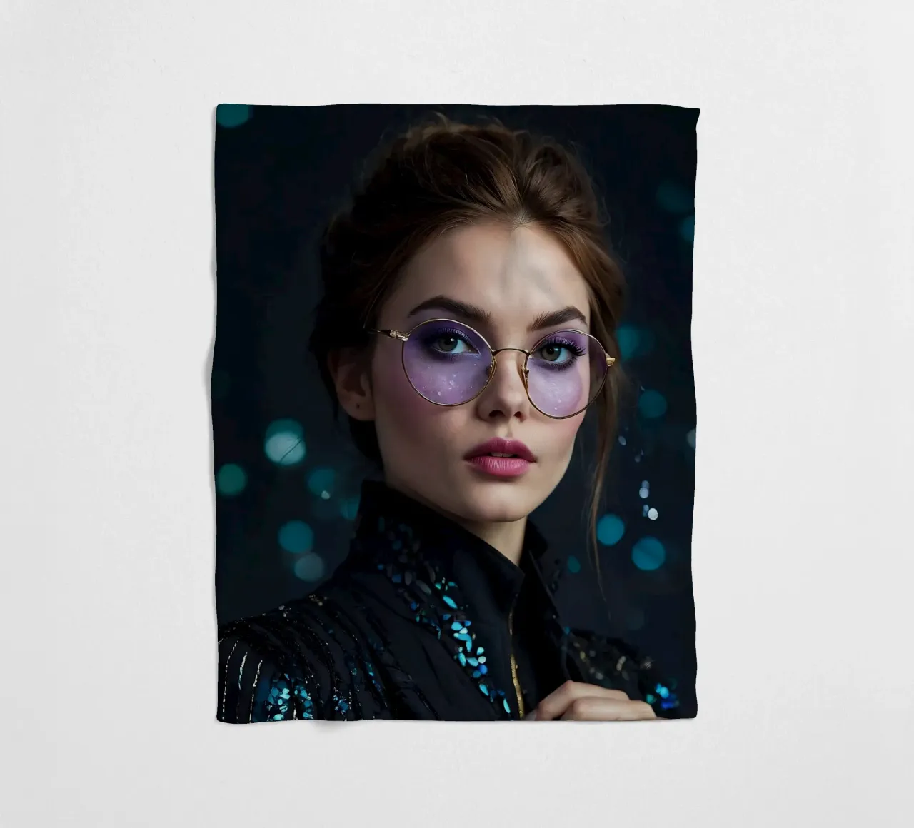 Model showt stijlvolle bril met fascinerende make-up fleecedeken van DesignDoodle