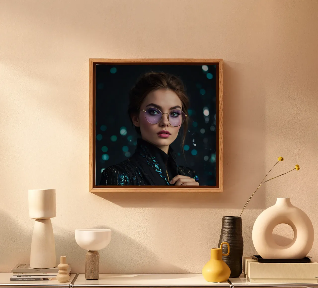 Una modelo luce unas gafas elegantes con un maquillaje cautivador lienzo con Marco flotante de DesignDoodle