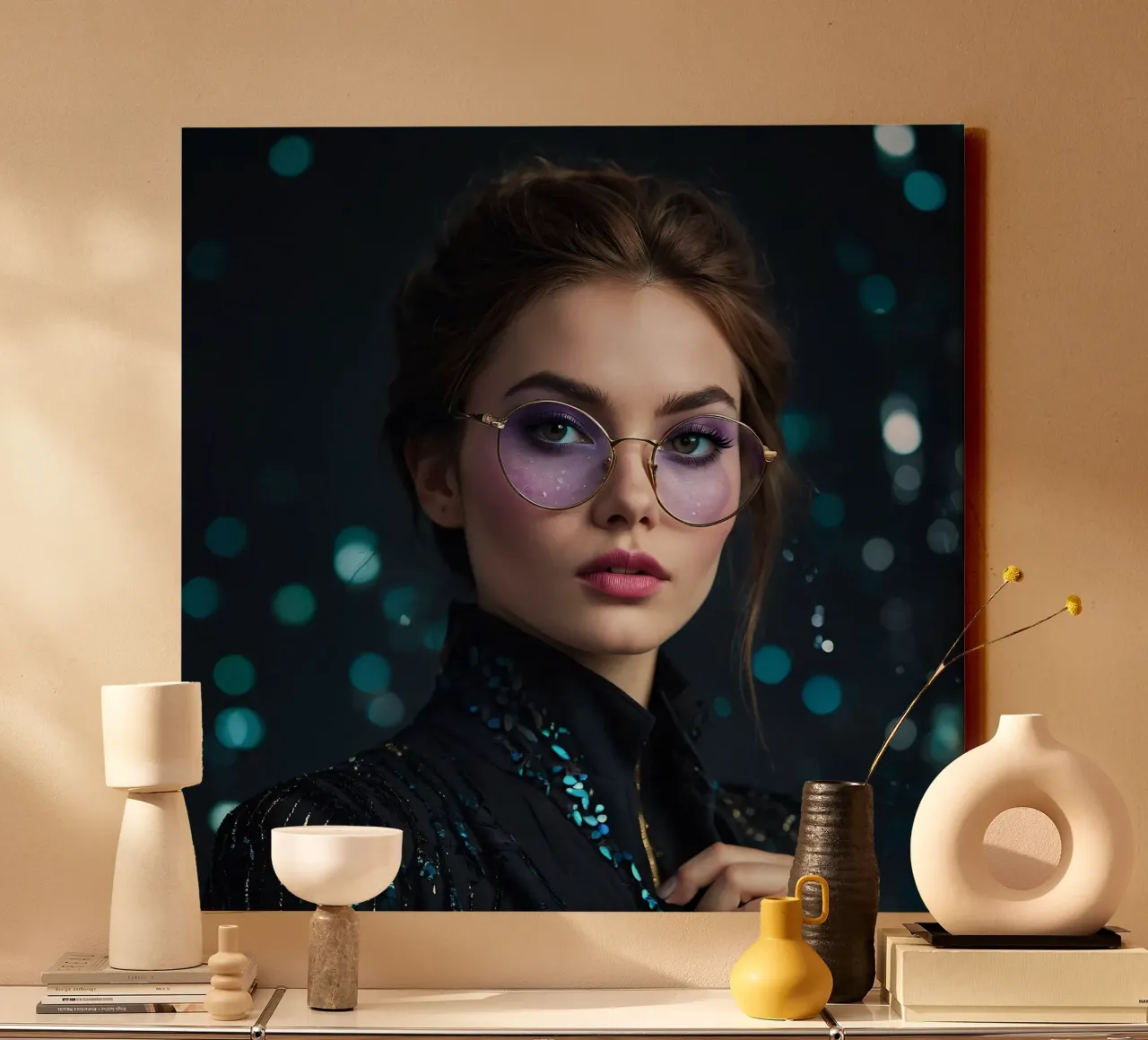 Una modelo luce unas gafas elegantes con un maquillaje cautivador lienzo con Marco flotante de DesignDoodle
