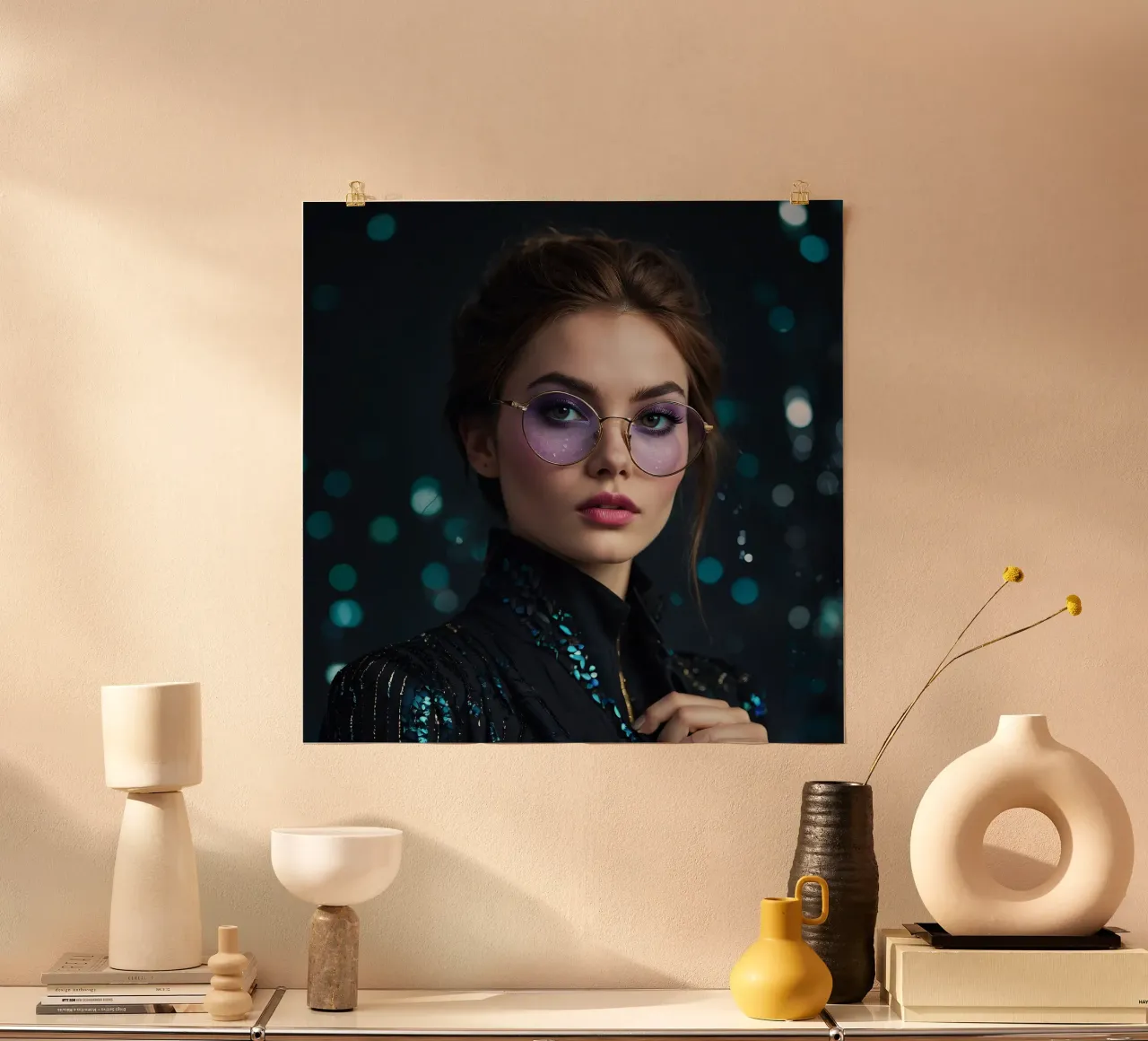 Model showt stijlvolle bril met fascinerende make-up hahnemühle van DesignDoodle