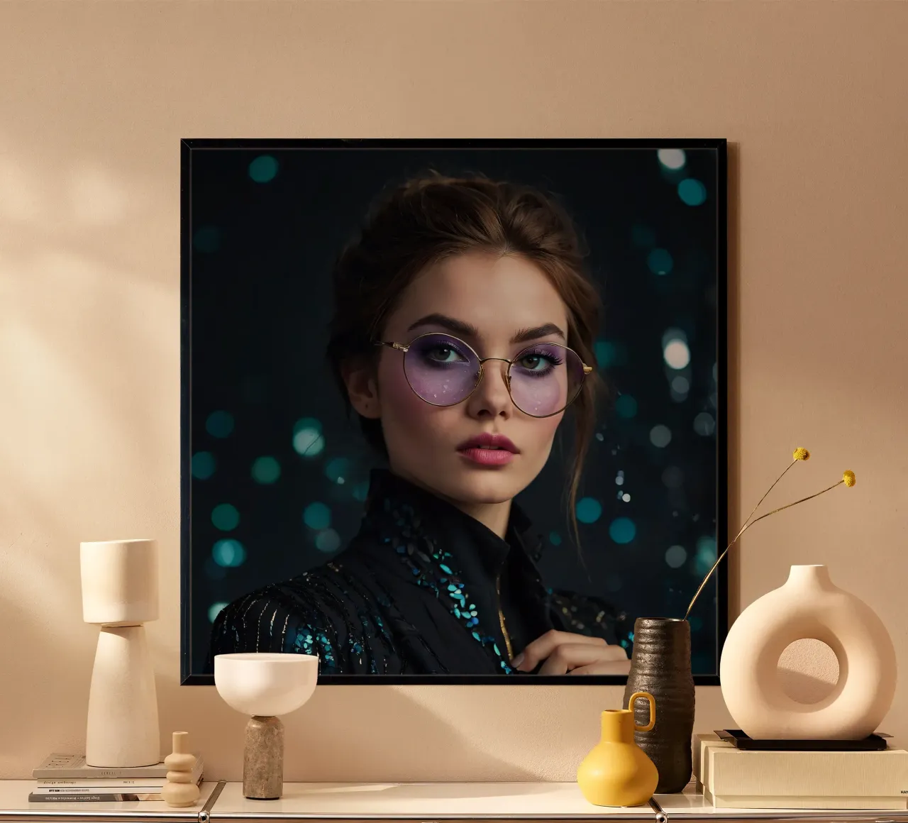 Model showt stijlvolle bril met fascinerende make-up hahnemühle van DesignDoodle