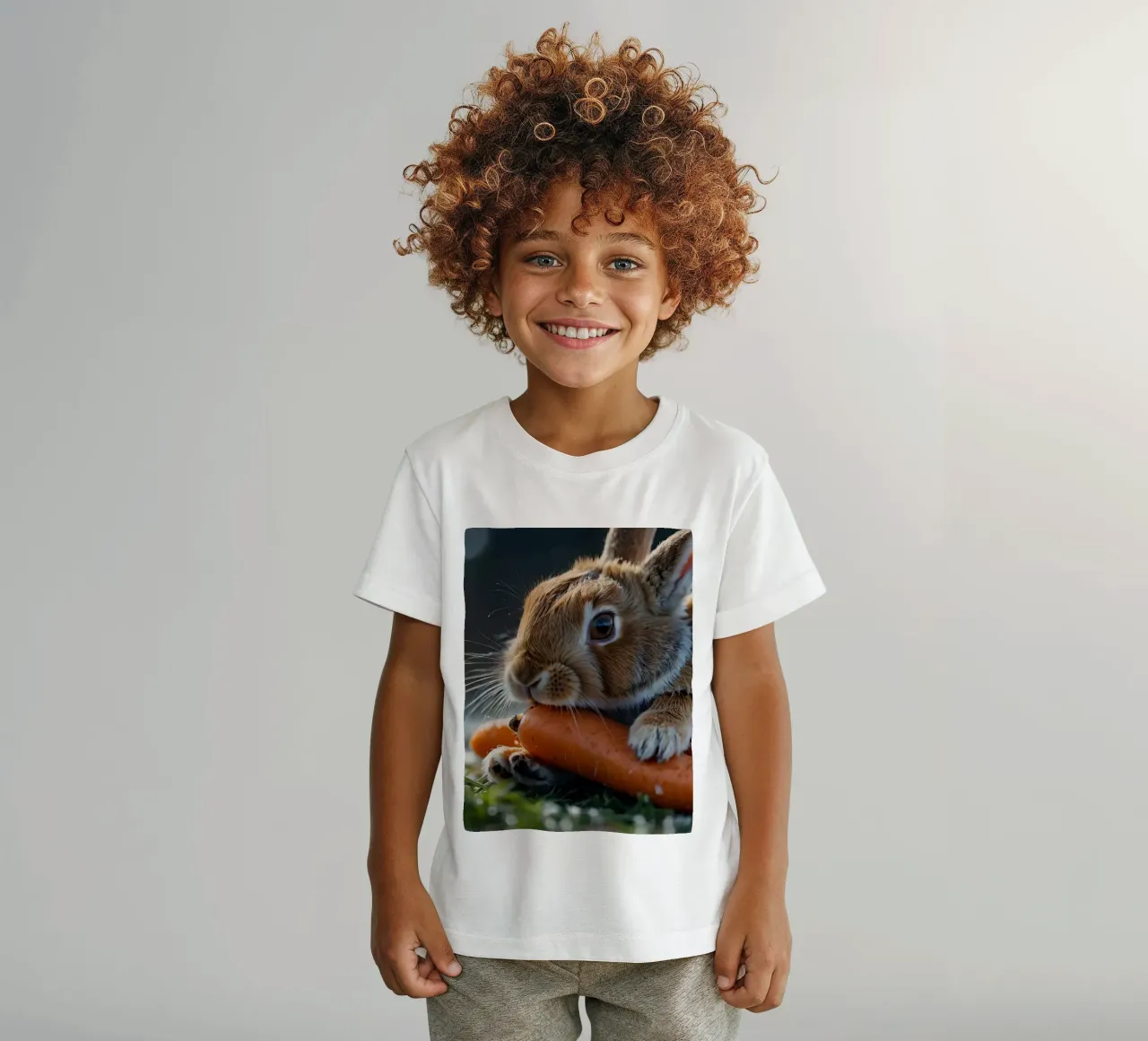 Il coniglio marrone sgranocchia felicemente le carote fresche t-shirt bambini da DesignDoodle