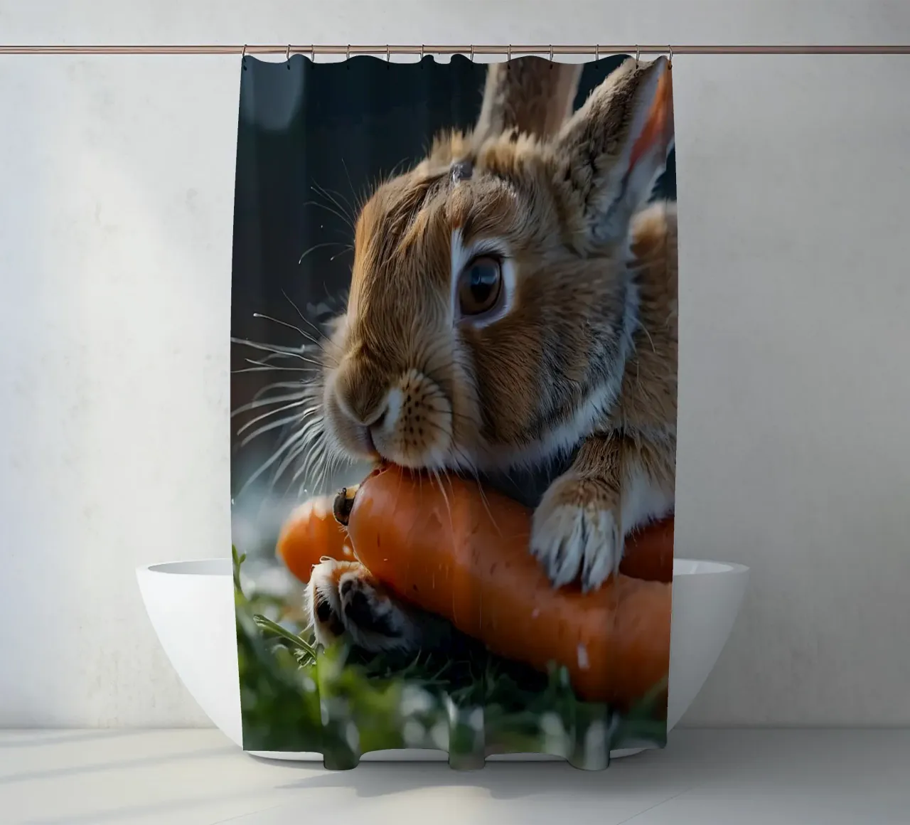 Un lapin brun se délecte de carottes fraîches. rideau de douche de DesignDoodle