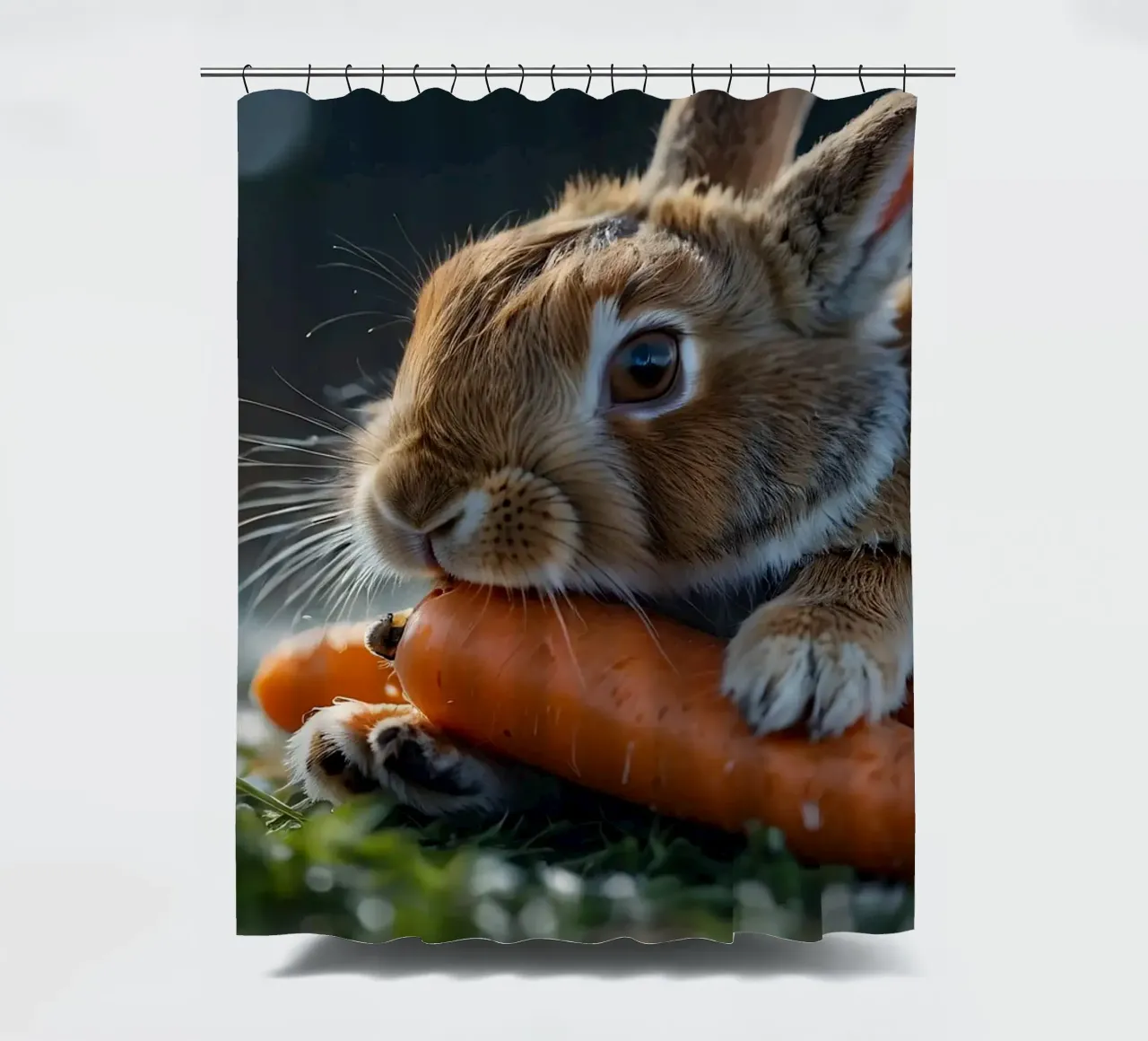 Un lapin brun se délecte de carottes fraîches. rideau de douche de DesignDoodle
