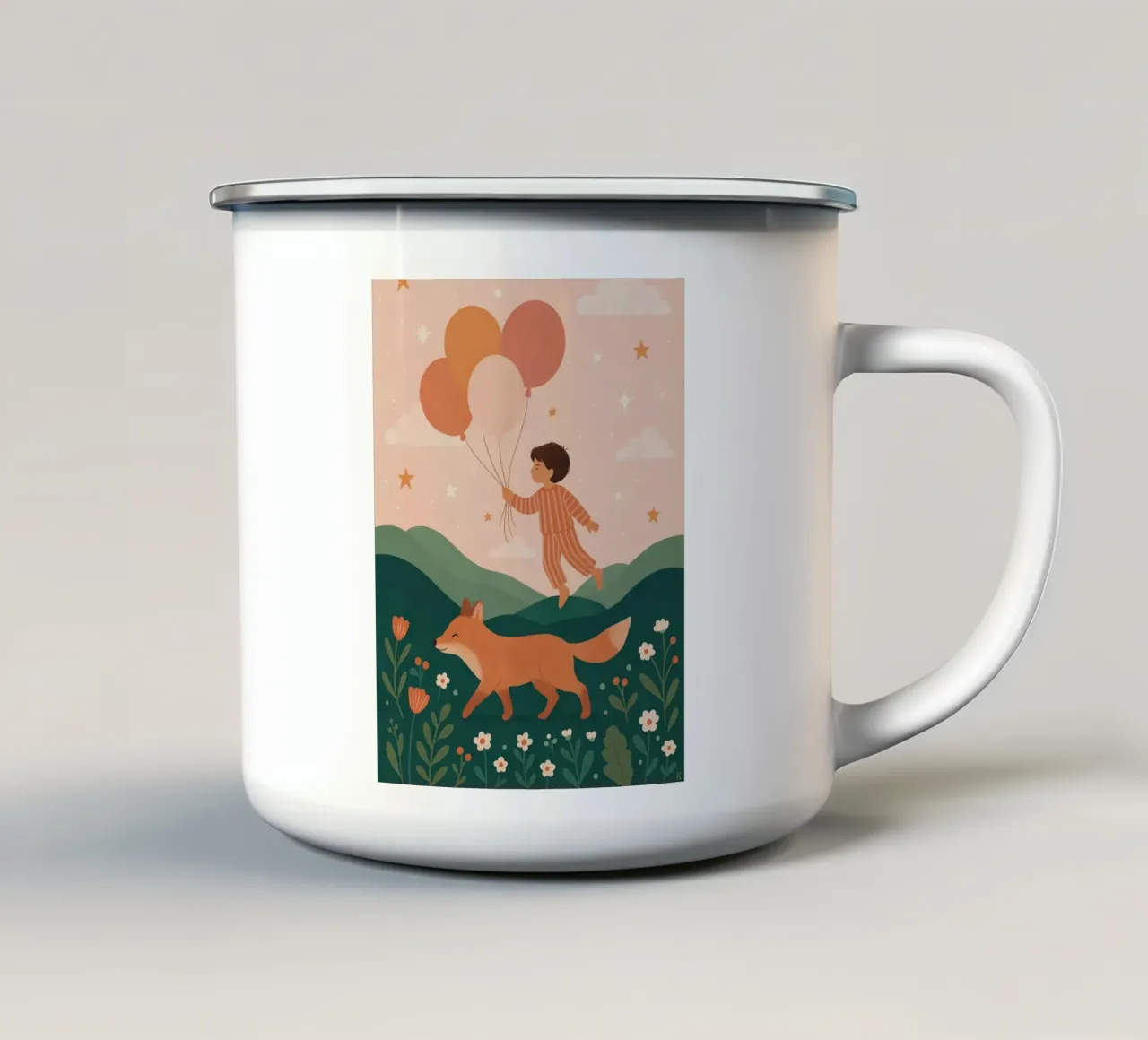 Il bambino palloncino con la volpe tazza in smalto da kokoprint