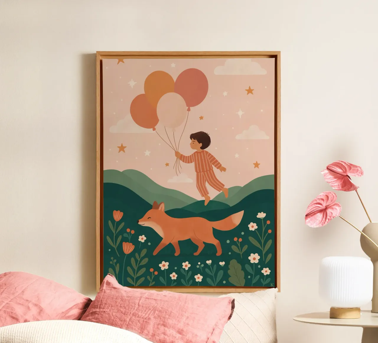 Il bambino palloncino con la volpe tela con Cornice a cassetta da kokoprint