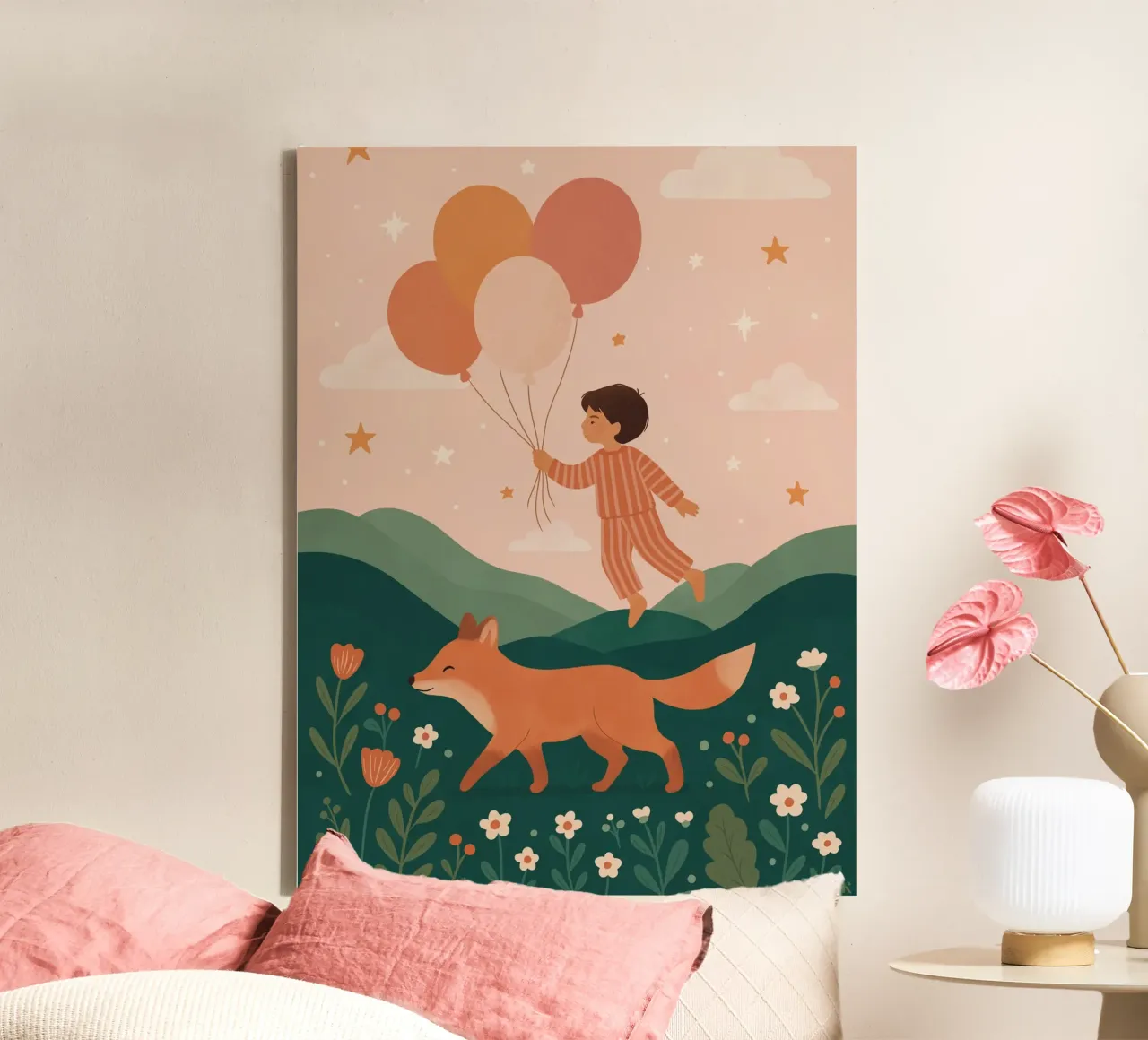 Il bambino palloncino con la volpe tela con Cornice a cassetta da kokoprint
