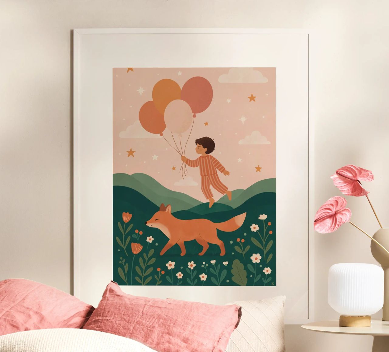L'enfant aux ballons avec le renard poster de kokoprint