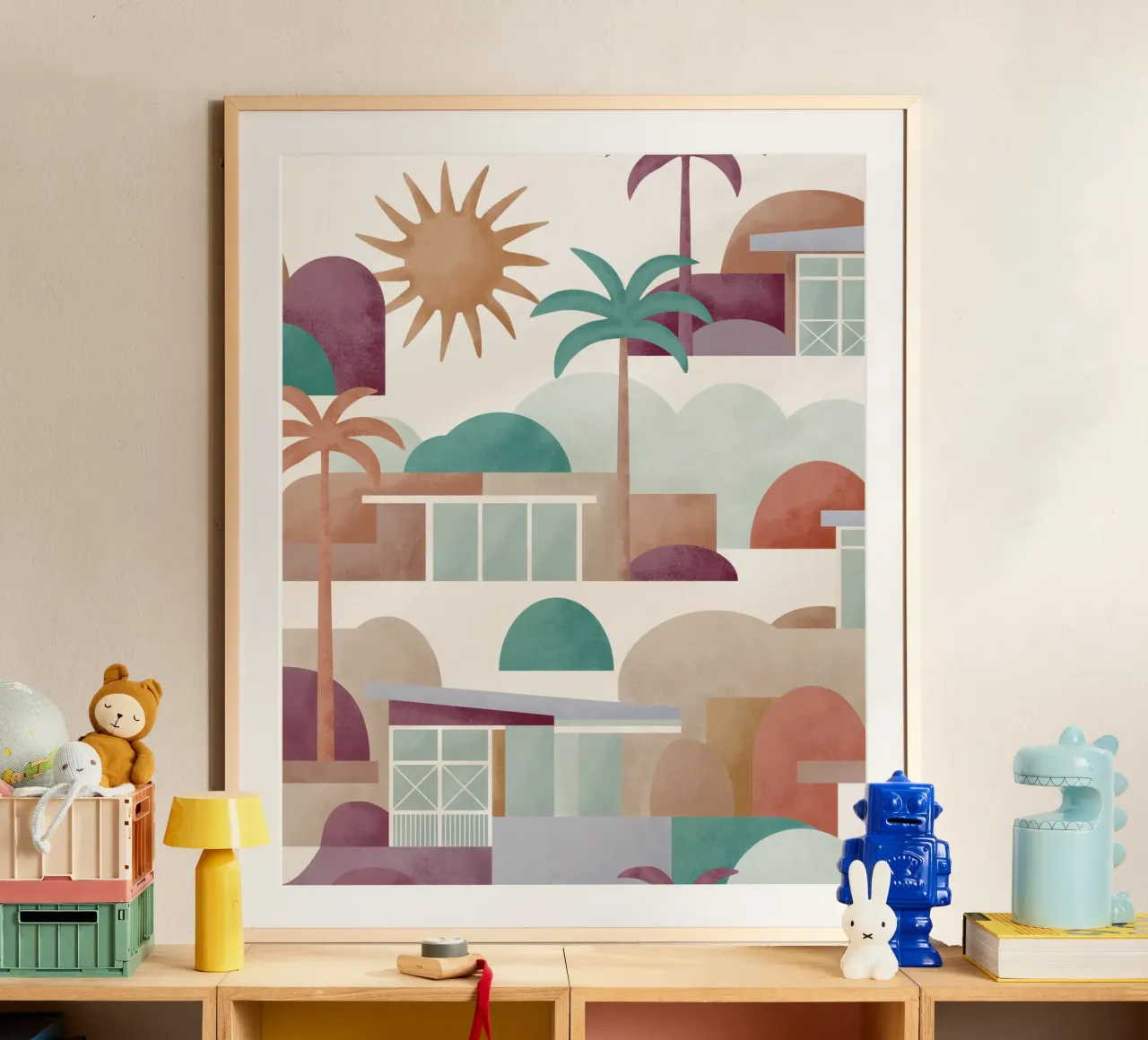Palm Springs Dreaming Sundown poster con telaio in alluminio da designdn