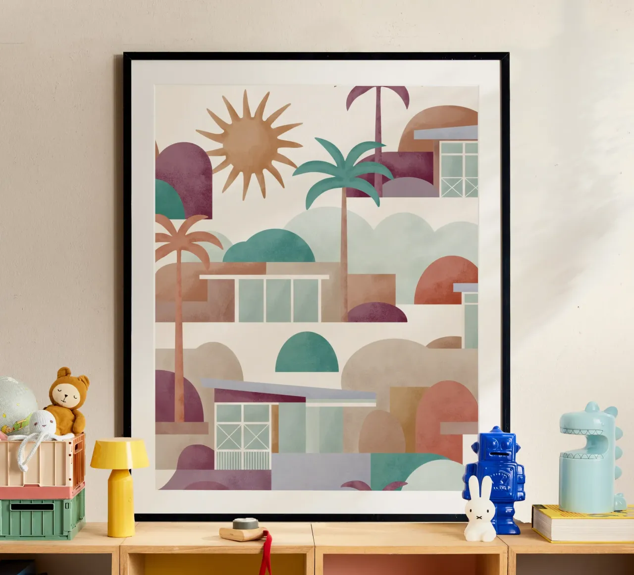 Palm Springs Dreaming Sundown poster con telaio in alluminio da designdn