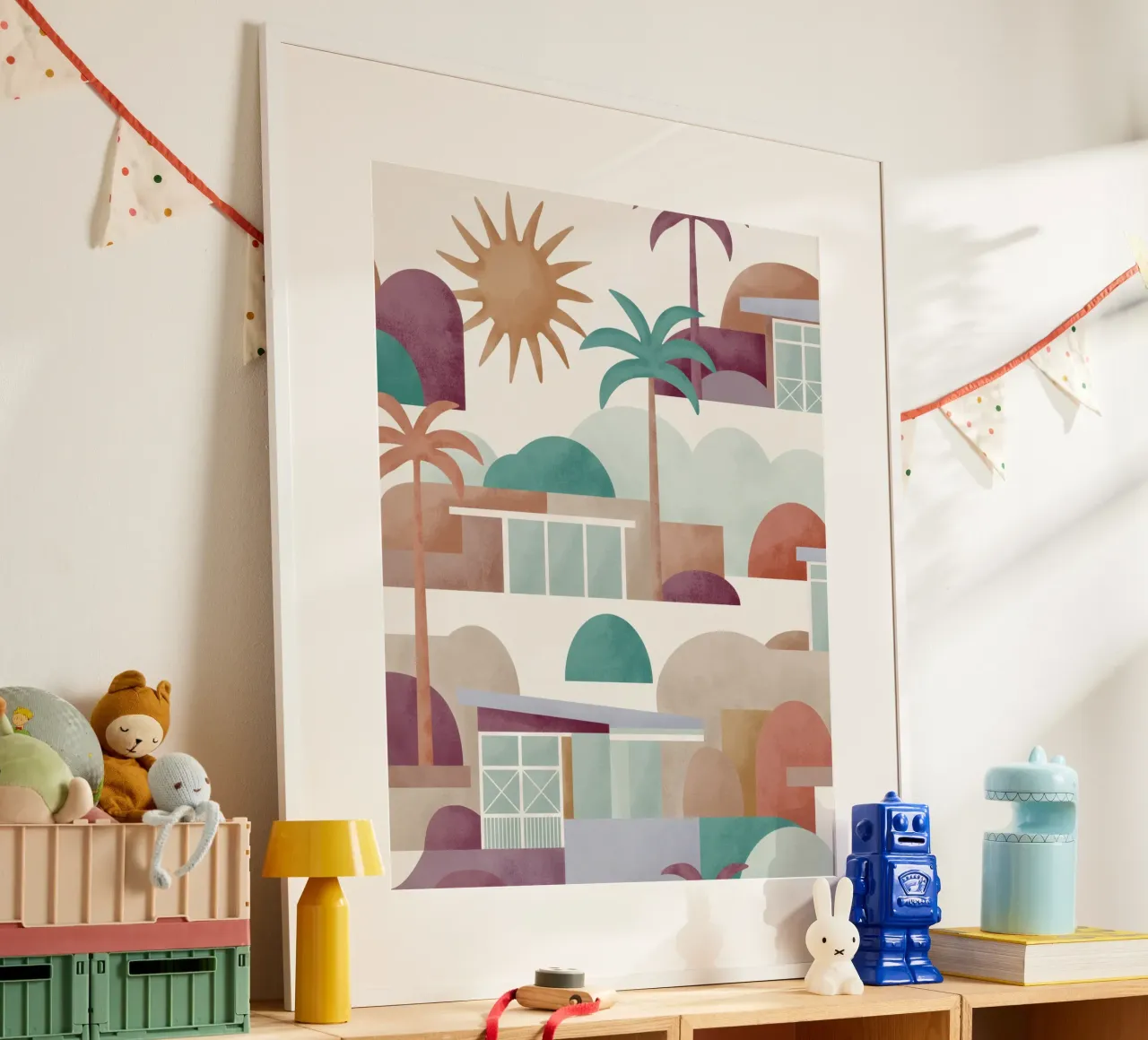 Palm Springs Dreaming Sundown poster con telaio in alluminio da designdn