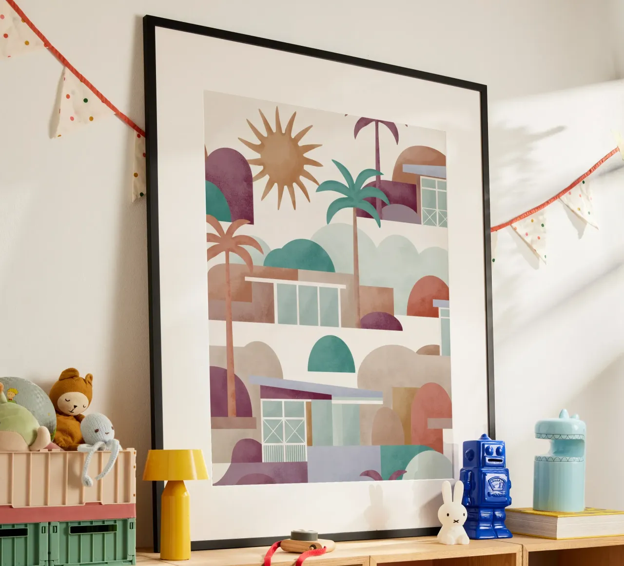 Palm Springs Dreaming Sundown poster con telaio in alluminio da designdn