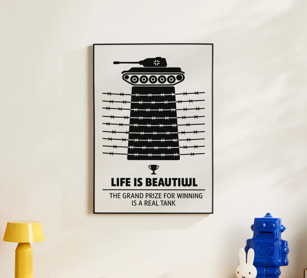 Life is Beautiful Print, Alternative Movie Poster, Black & W alluminio dibond da MoviesArt