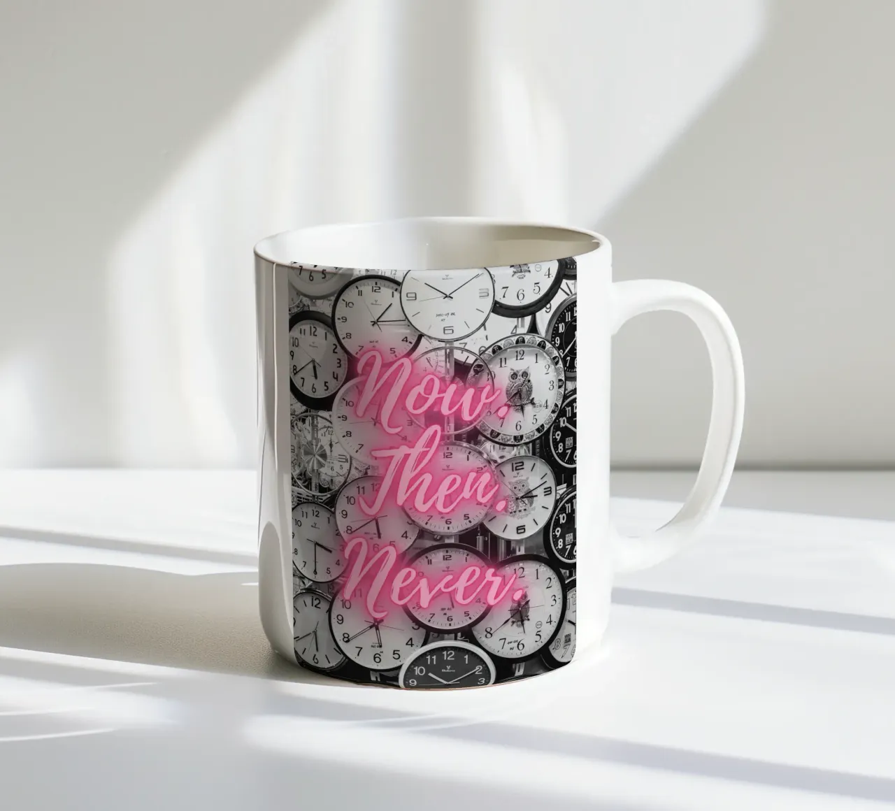 NOW. THEN. NEVER ceramic mug by Einfach Uebel