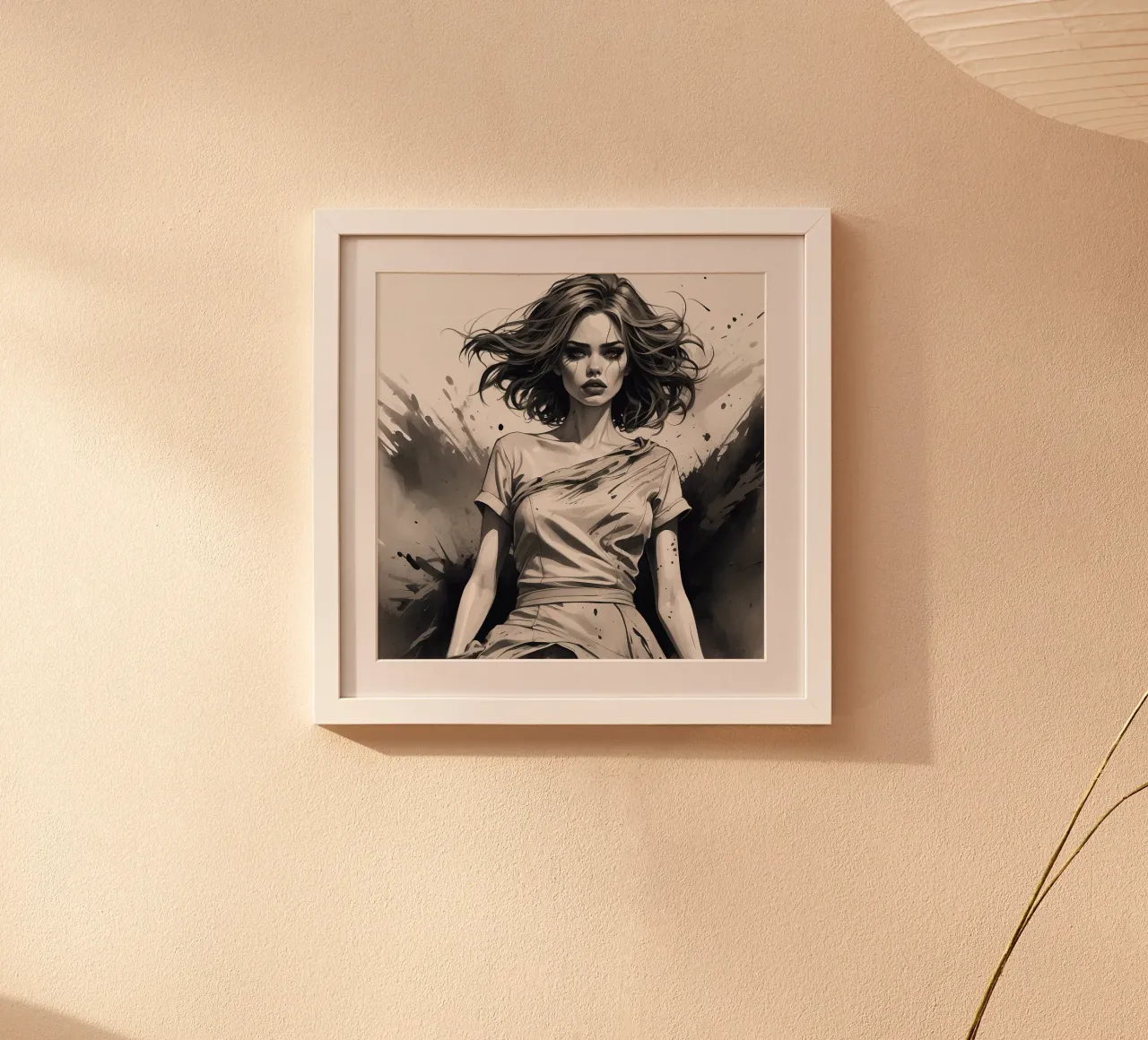 Illustrazione artistica di donna con capelli fluenti, schizzo di inchiostro poster con telaio in legno da DesignDoodle