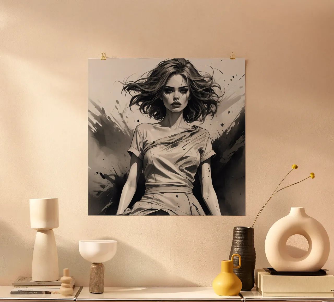 Illustrazione artistica di donna con capelli fluenti, schizzo di inchiostro poster con telaio in legno da DesignDoodle
