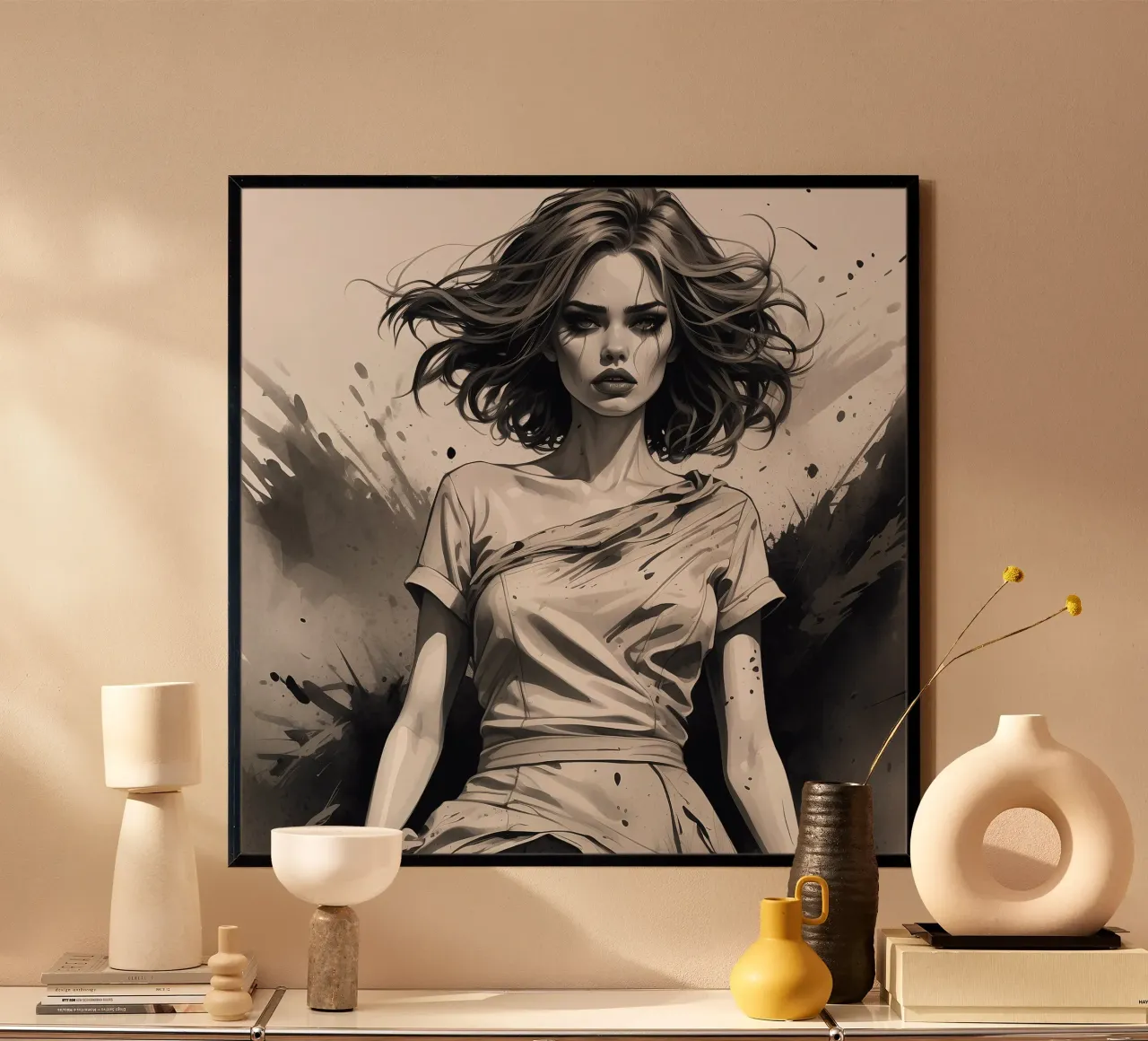 Illustrazione artistica di donna con capelli fluenti, schizzo di inchiostro poster con telaio in legno da DesignDoodle