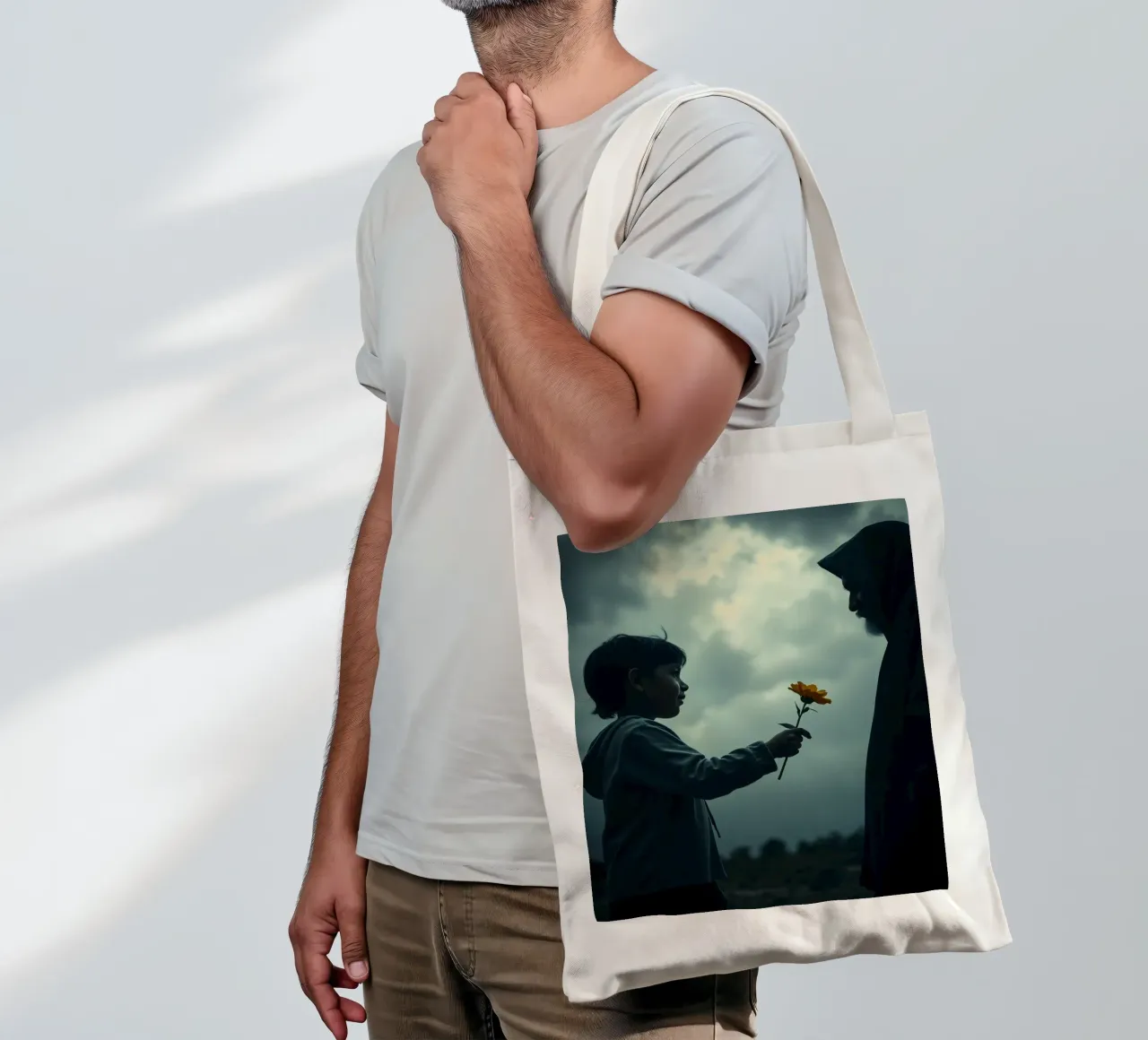 bambino che offre un fiore a un uomo anziano in una luce drammatica borsa in juta da DesignDoodle