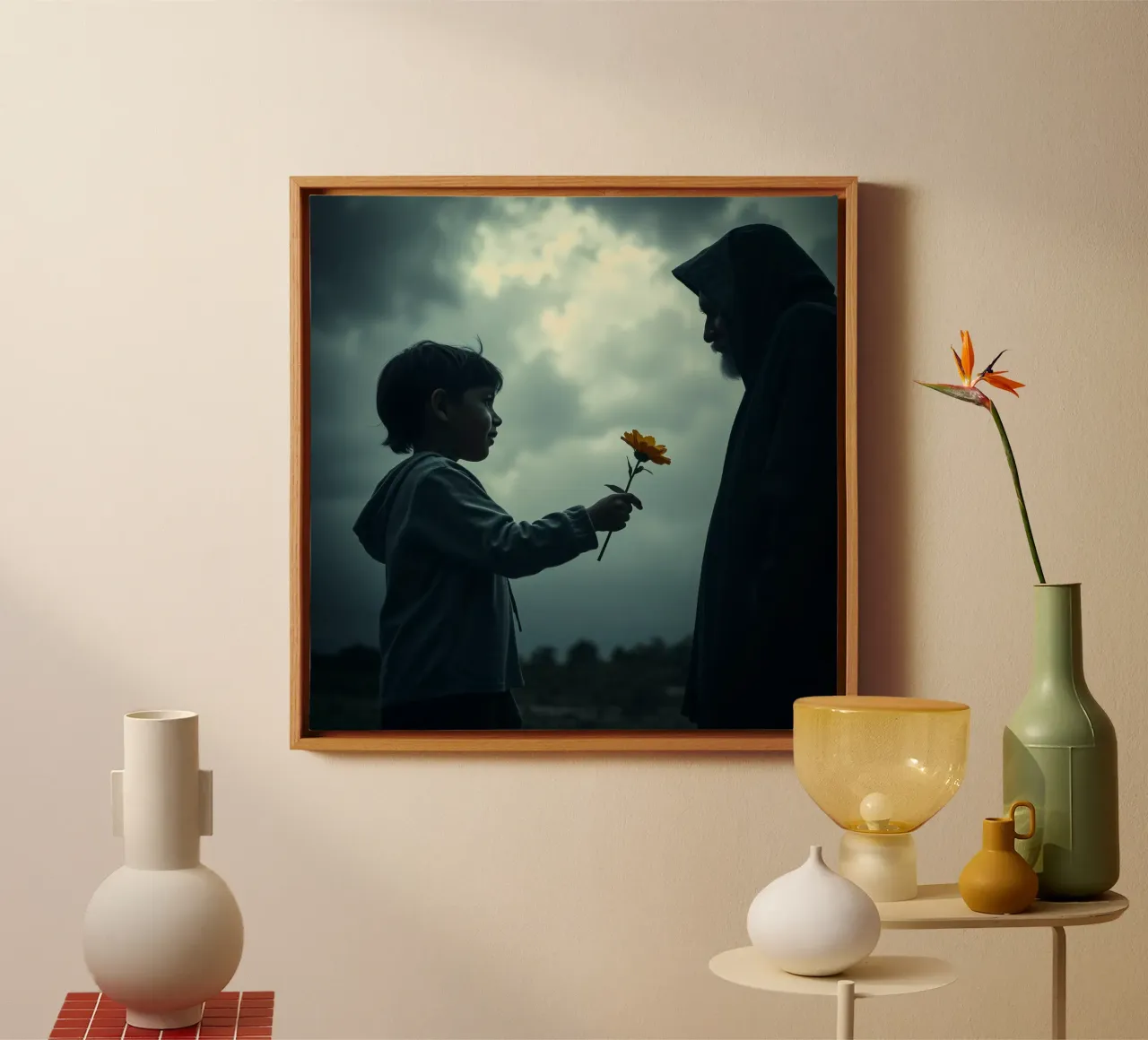 niño ofreciendo una flor a un anciano en luz dramática lienzo con Marco flotante de DesignDoodle