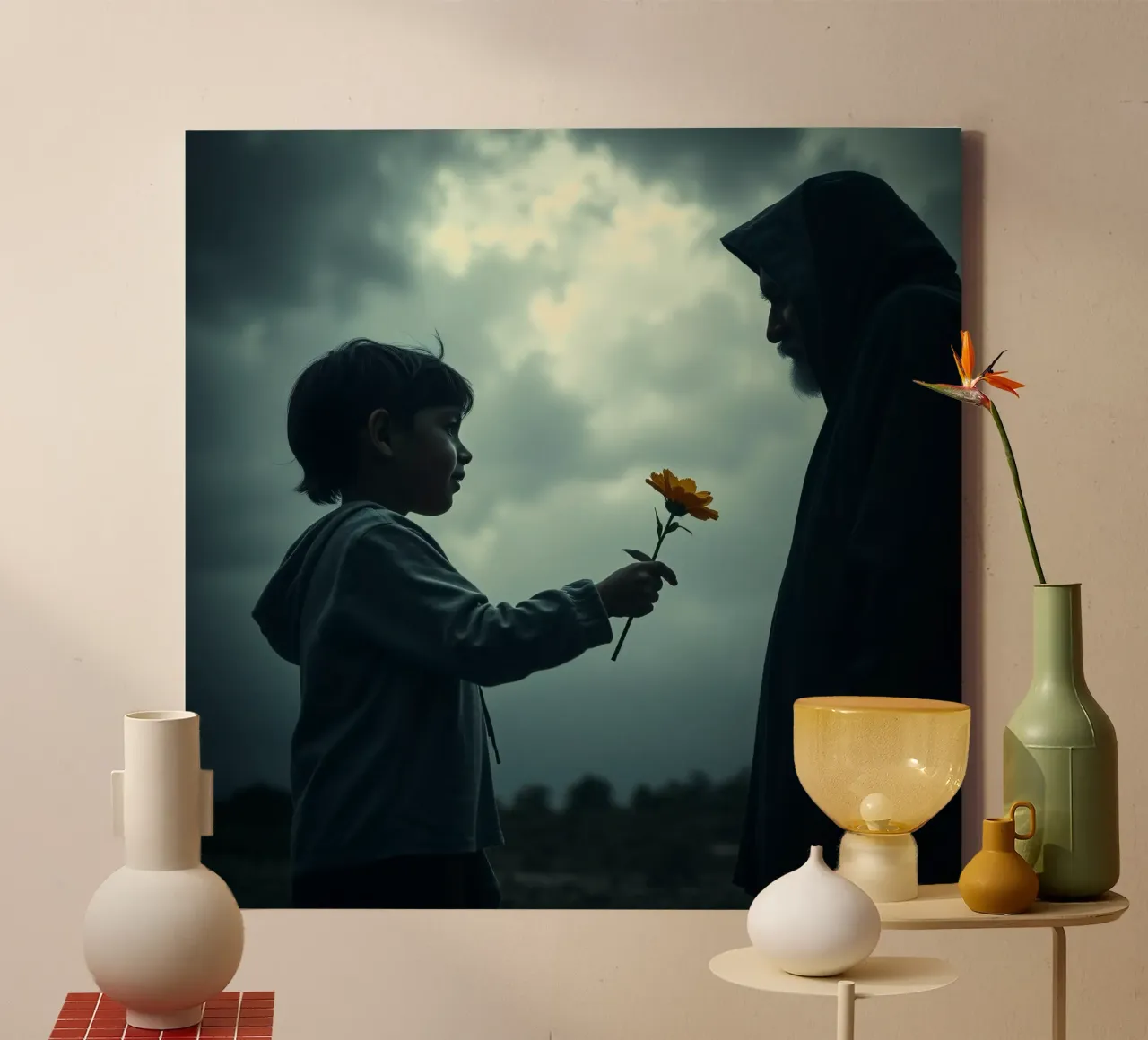 niño ofreciendo una flor a un anciano en luz dramática lienzo con Marco flotante de DesignDoodle