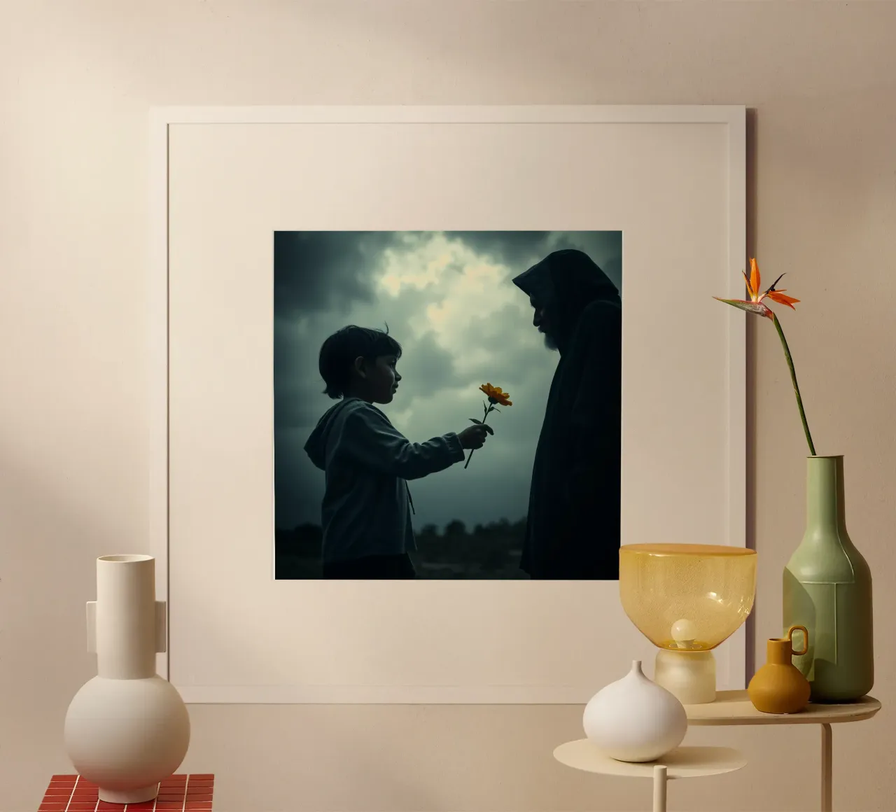 enfant offrant une fleur à un homme âgé dans une lumière dramatique poster avec cadre en aluminium de DesignDoodle