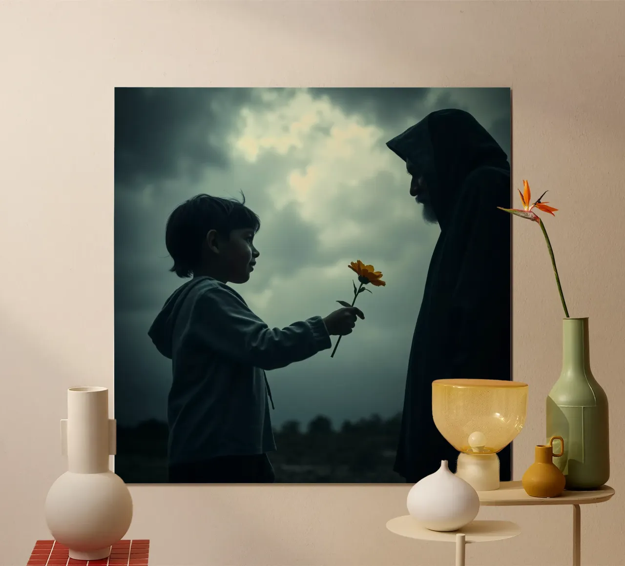 enfant offrant une fleur à un homme âgé dans une lumière dramatique poster avec cadre en aluminium de DesignDoodle