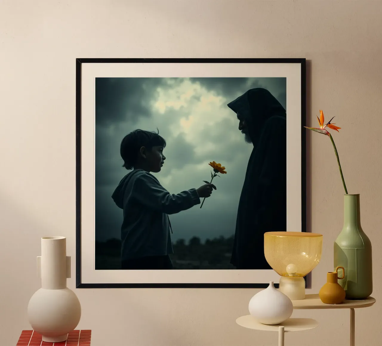 enfant offrant une fleur à un homme âgé dans une lumière dramatique poster avec cadre en aluminium de DesignDoodle