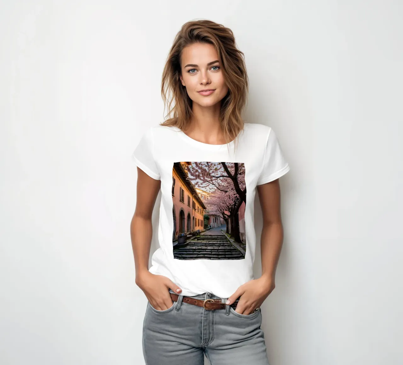 Strolling through a scenic alley adorned with cherry blossom women's fitted t-shirt by DesignDoodle