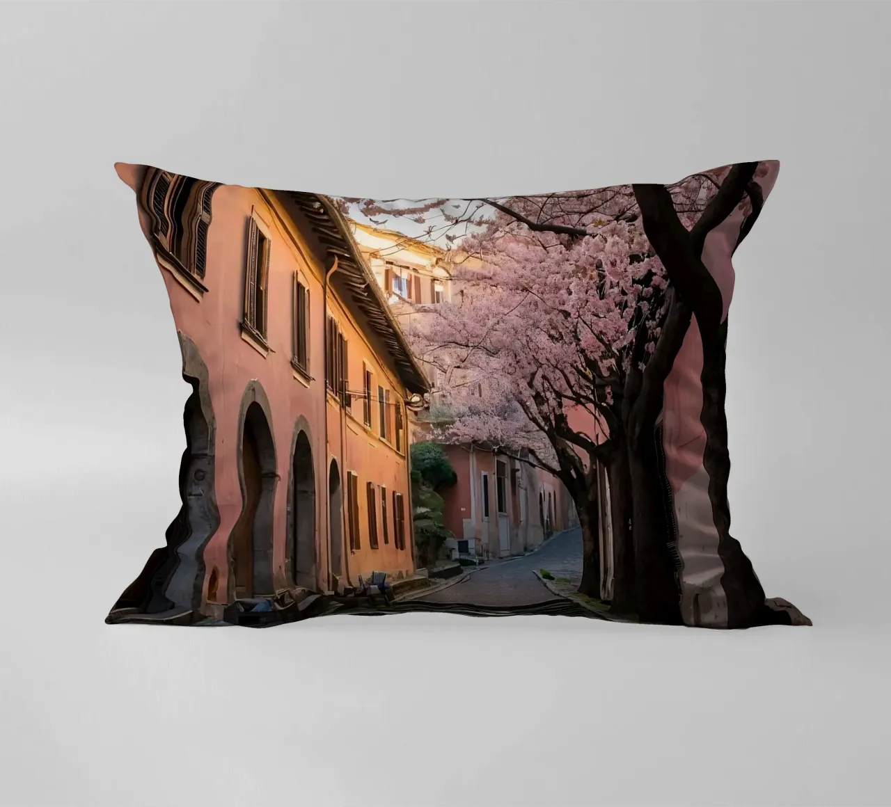 Passeggiando in un vicolo panoramico ornato di fiori di ciliegio cuscino da DesignDoodle