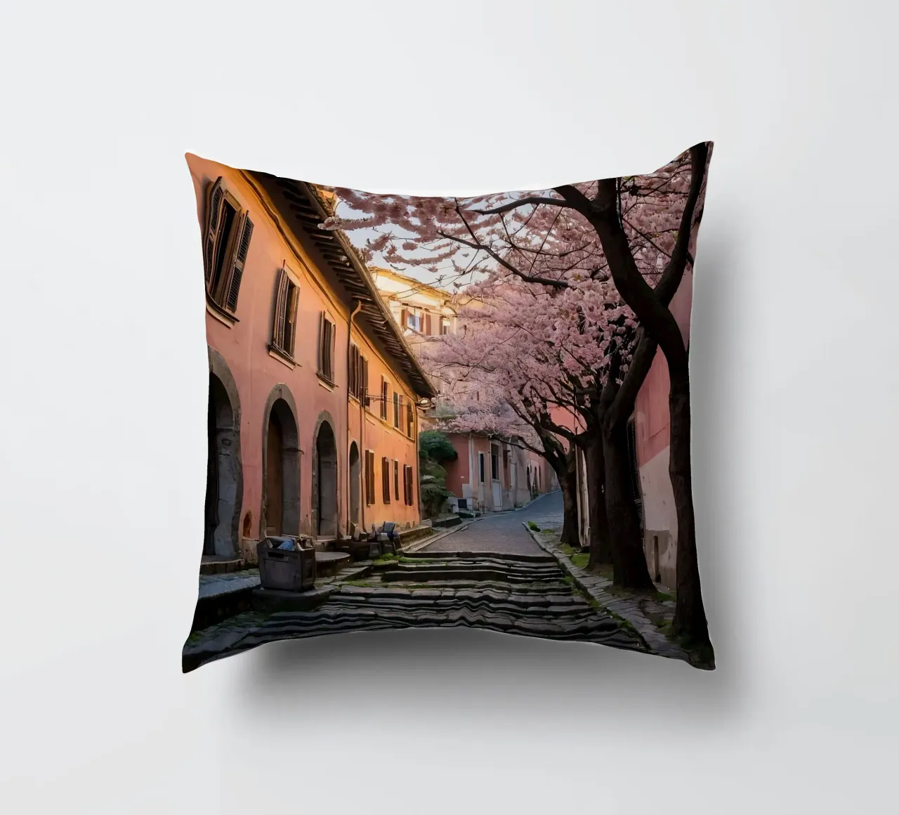 Passeggiando in un vicolo panoramico ornato di fiori di ciliegio cuscino da DesignDoodle
