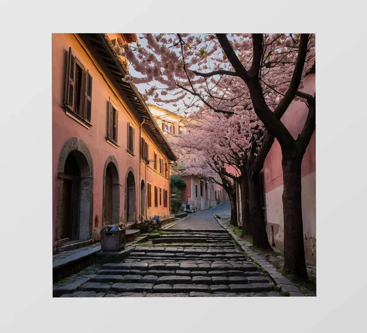 Passeggiando in un vicolo panoramico ornato di fiori di ciliegio telo in pvc da DesignDoodle