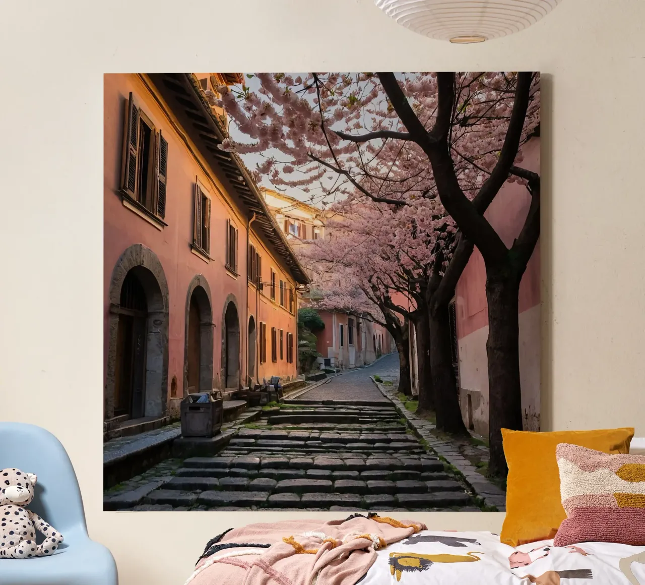 Passeggiando in un vicolo panoramico ornato di fiori di ciliegio tela da DesignDoodle