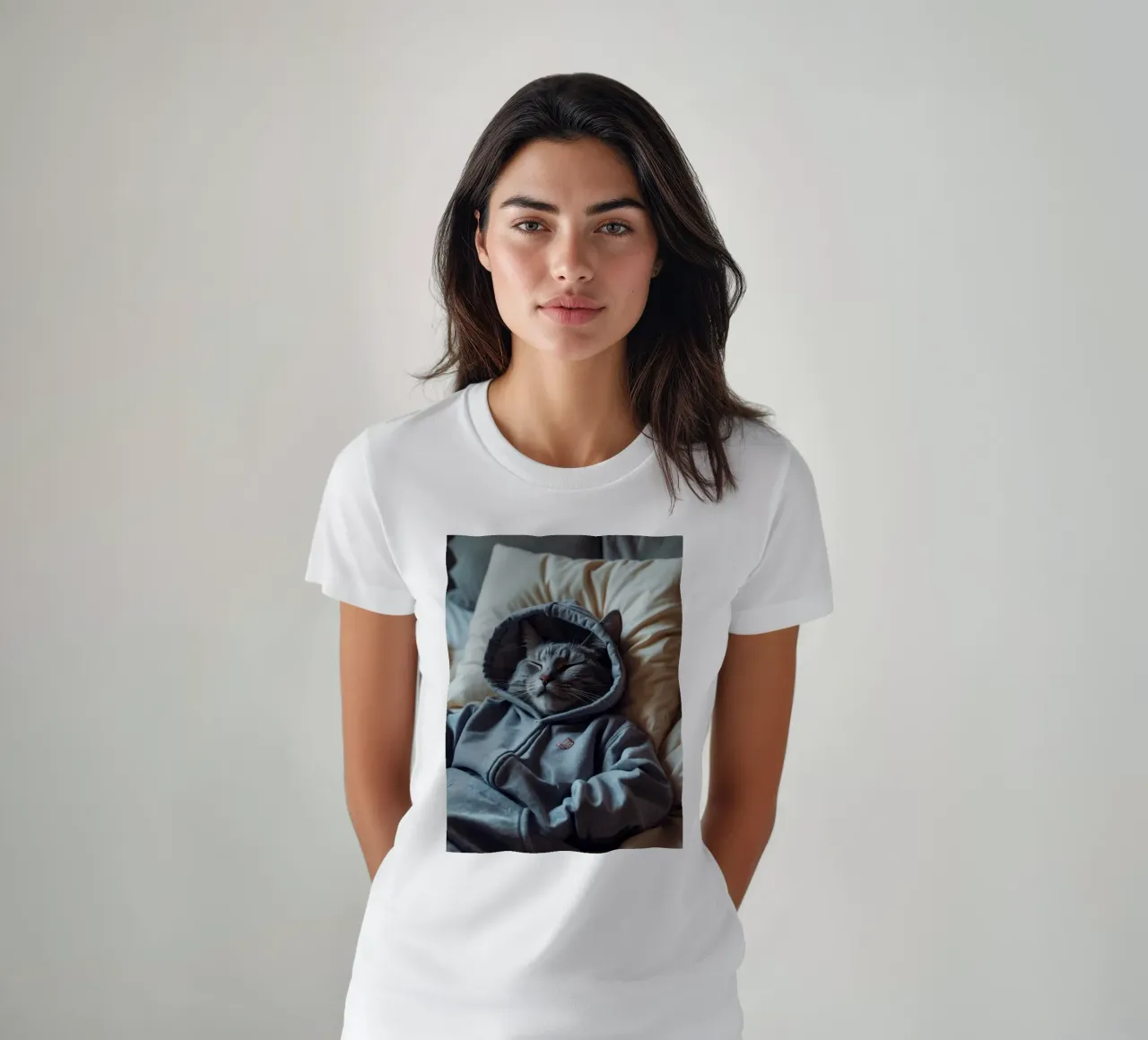 Gatto che riposa comodamente in felpa su un morbido cuscino t-shirt da DesignDoodle