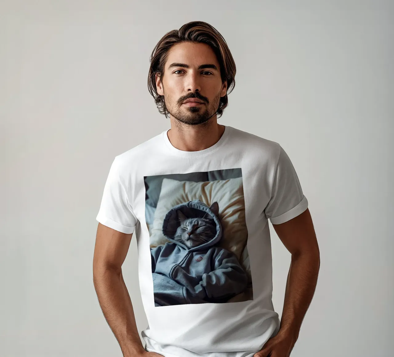 Gatto che riposa comodamente in felpa su un morbido cuscino t-shirt da DesignDoodle