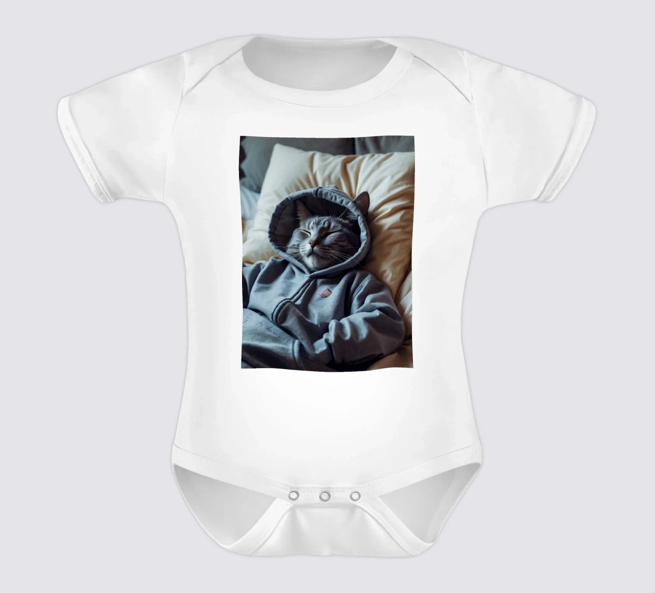 Gato descansando cómodamente en una sudadera con capucha sobre una suave almohada body de bebé de DesignDoodle