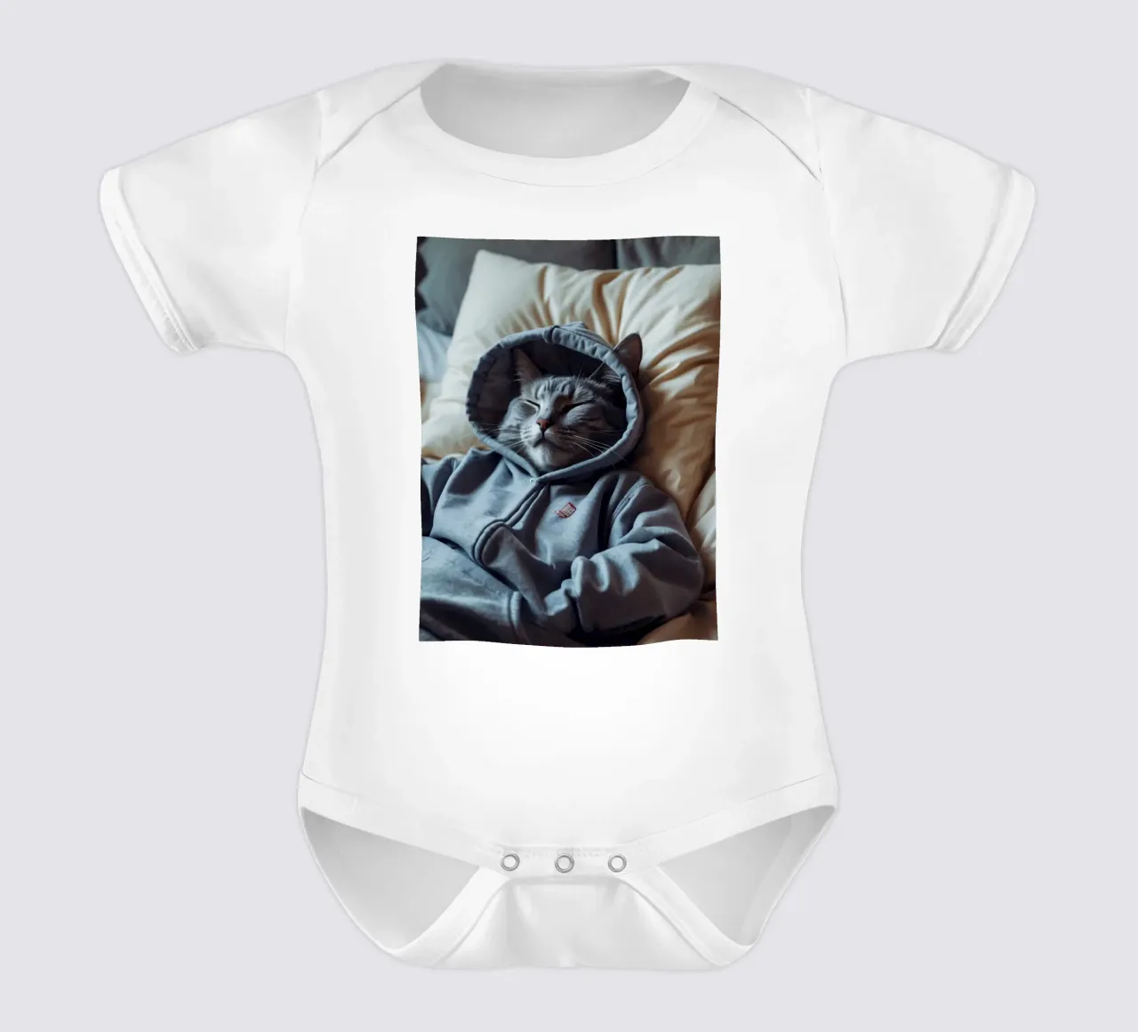 Katze ruht bequem in einem Kapuzenpulli auf einem weichen Kopfkissen Kurzarm Babybody von DesignDoodle