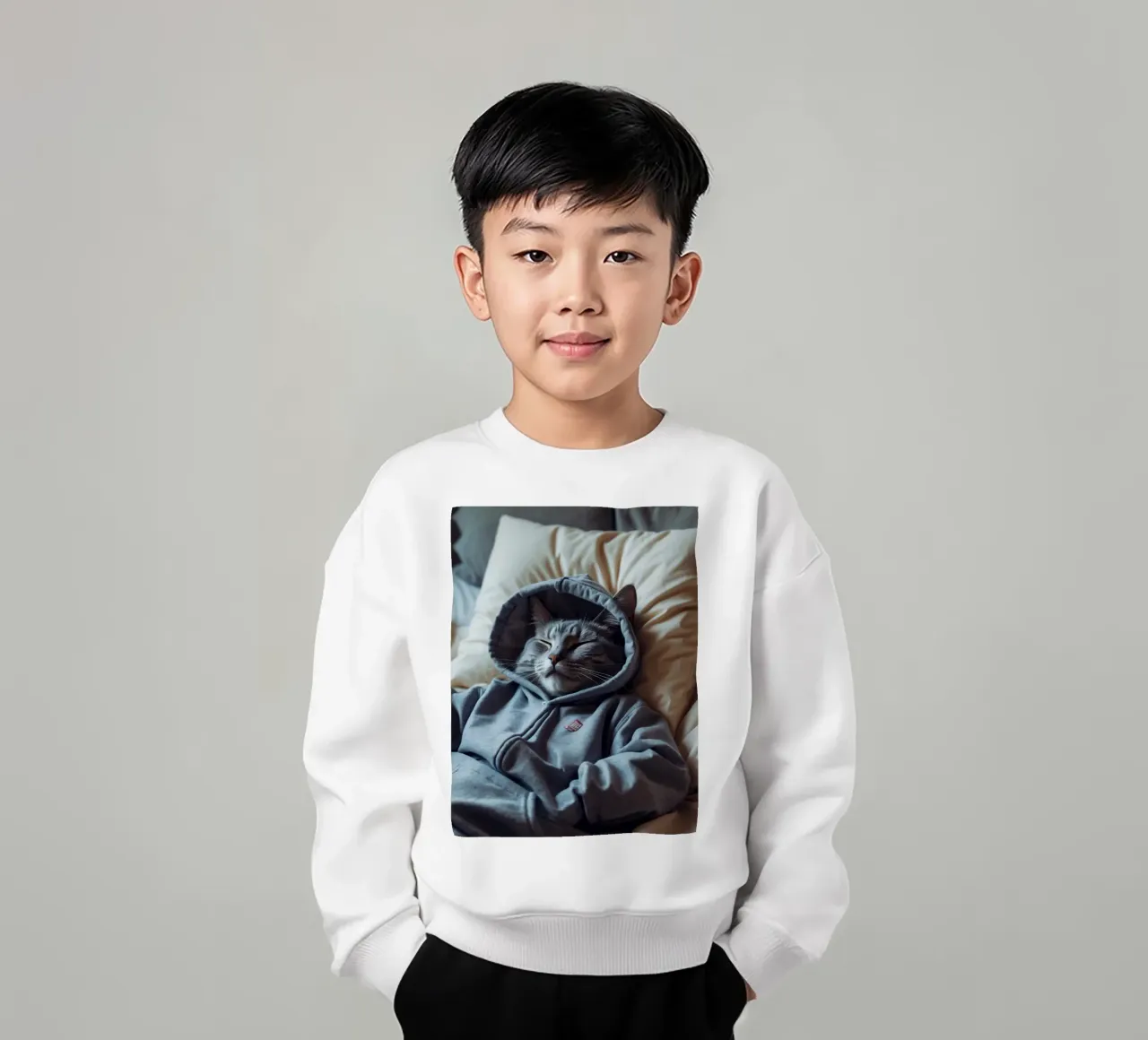 Kat rust comfortabel in een hoodie op een zacht kussen kinder sweatshirt van DesignDoodle