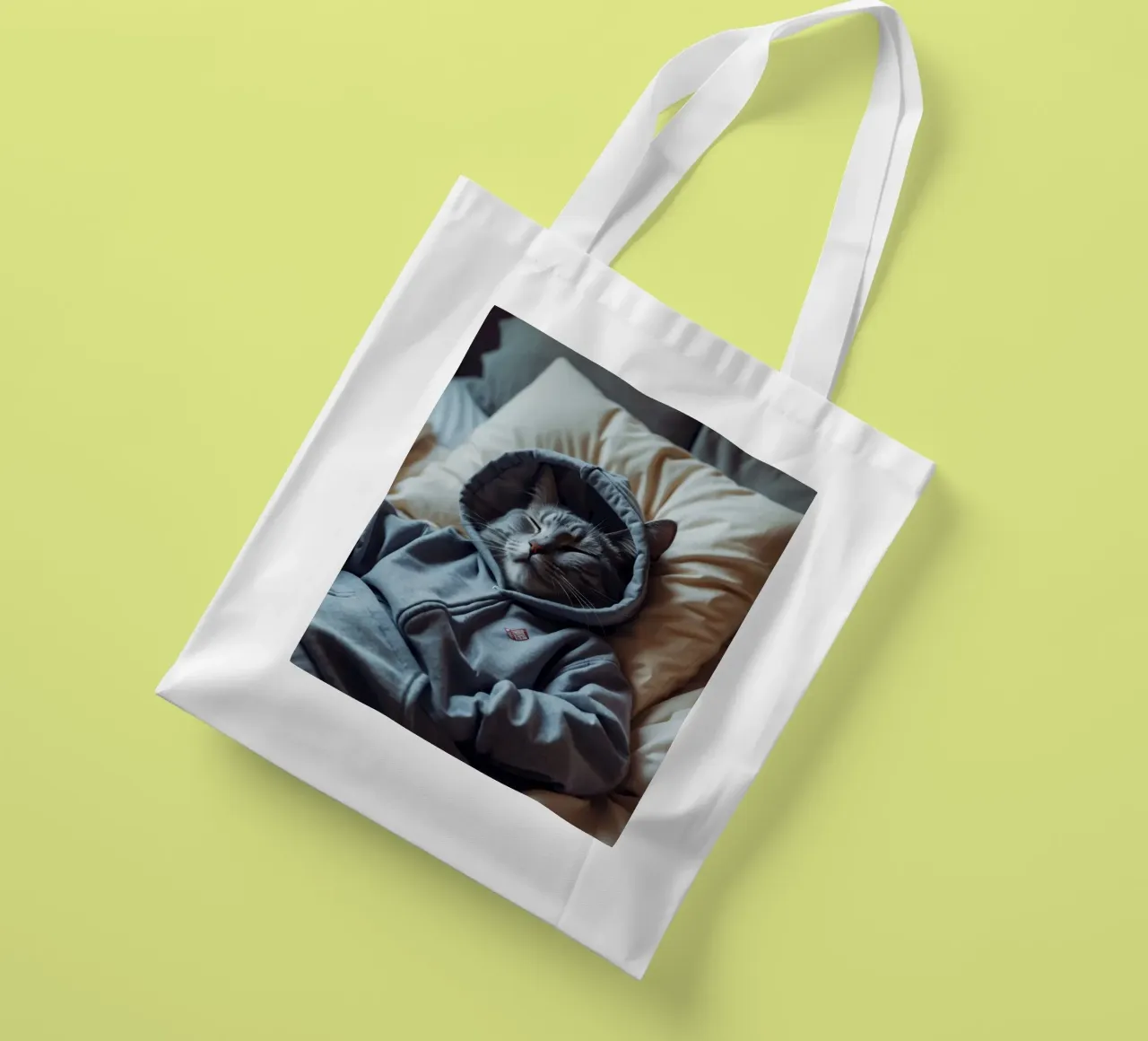Gato descansando cómodamente en una sudadera con capucha sobre una suave almohada tote bag de DesignDoodle