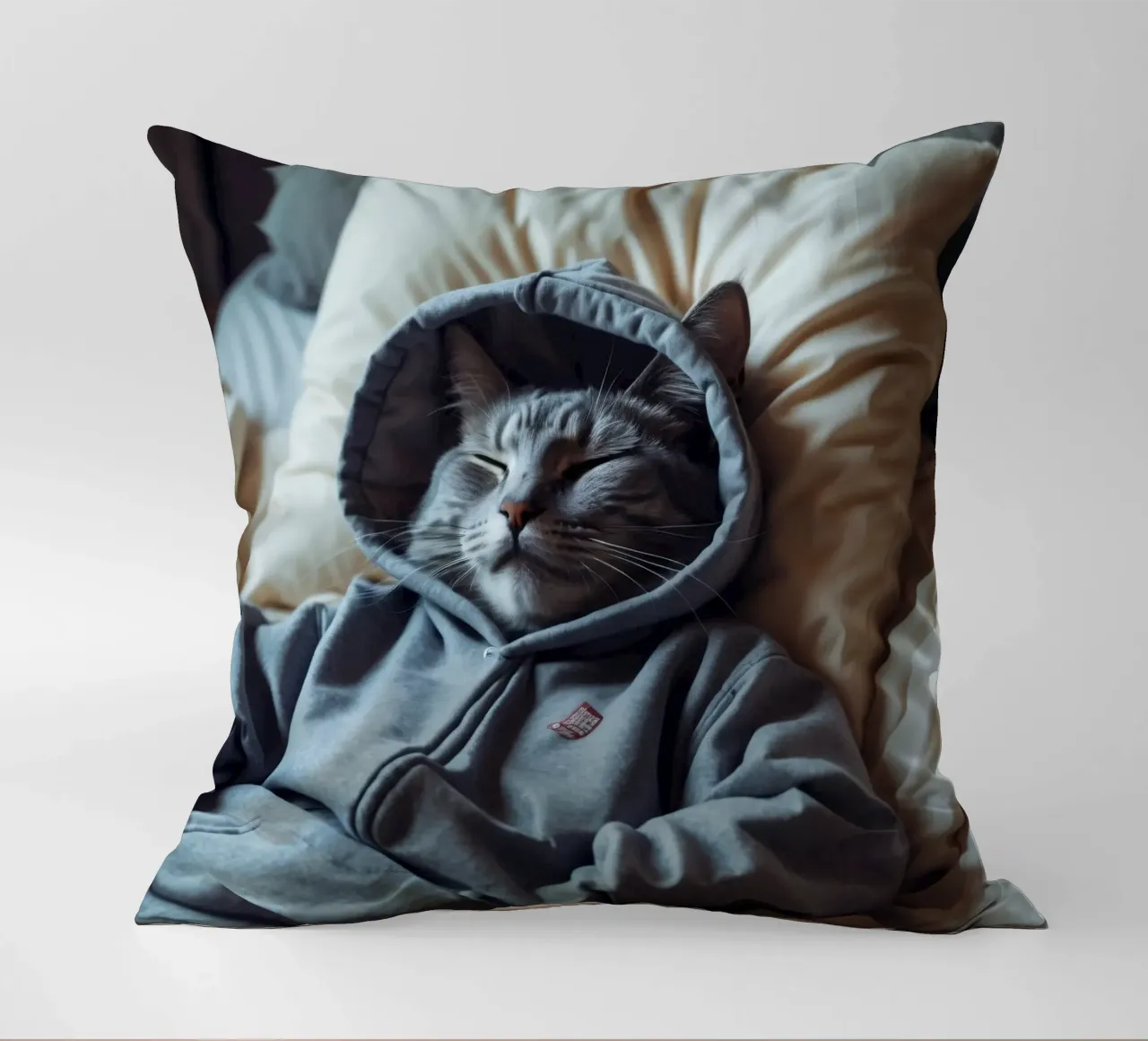 Gatto che riposa comodamente in felpa su un morbido cuscino cuscino da DesignDoodle