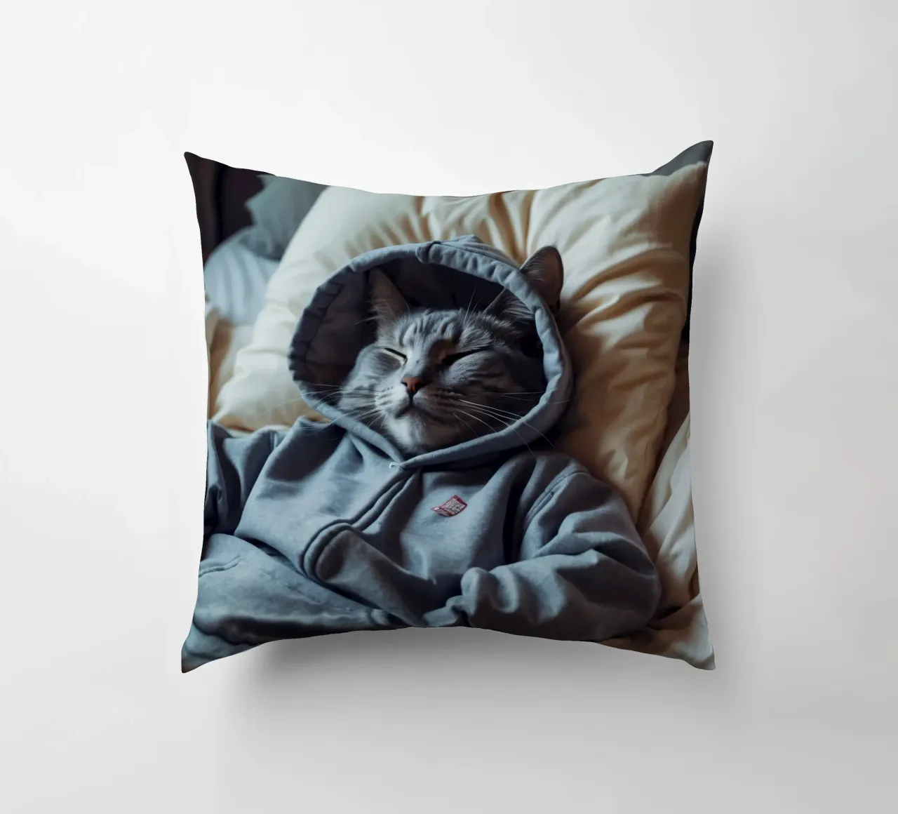 Gatto che riposa comodamente in felpa su un morbido cuscino cuscino da DesignDoodle