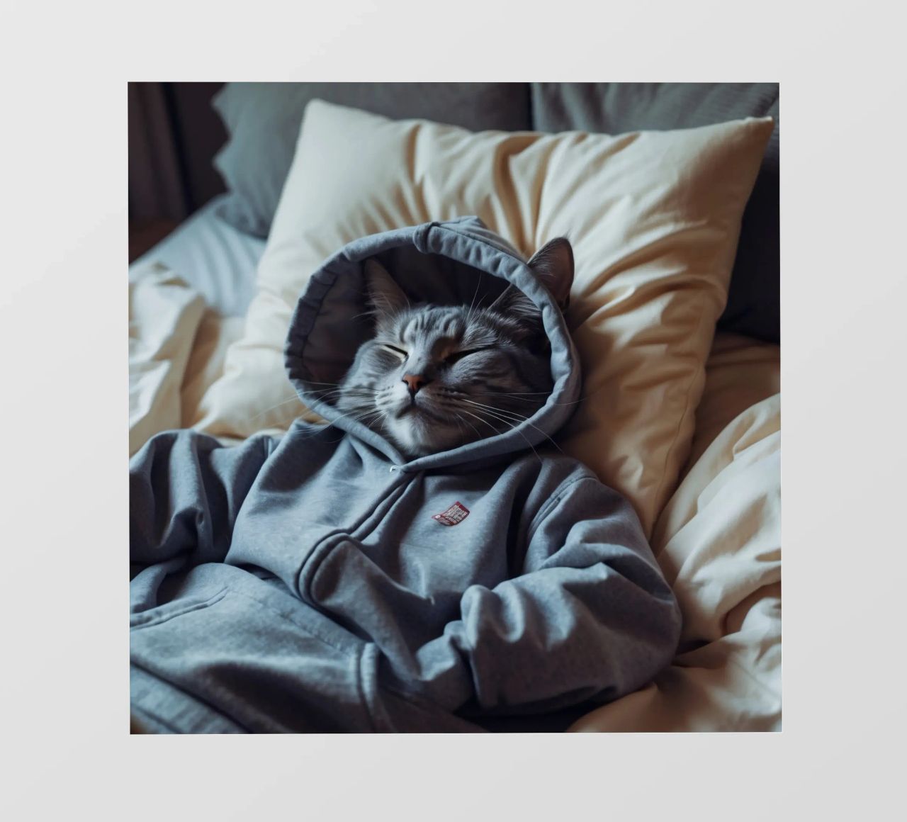 Gatto che riposa comodamente in felpa su un morbido cuscino pellicola backlit da DesignDoodle