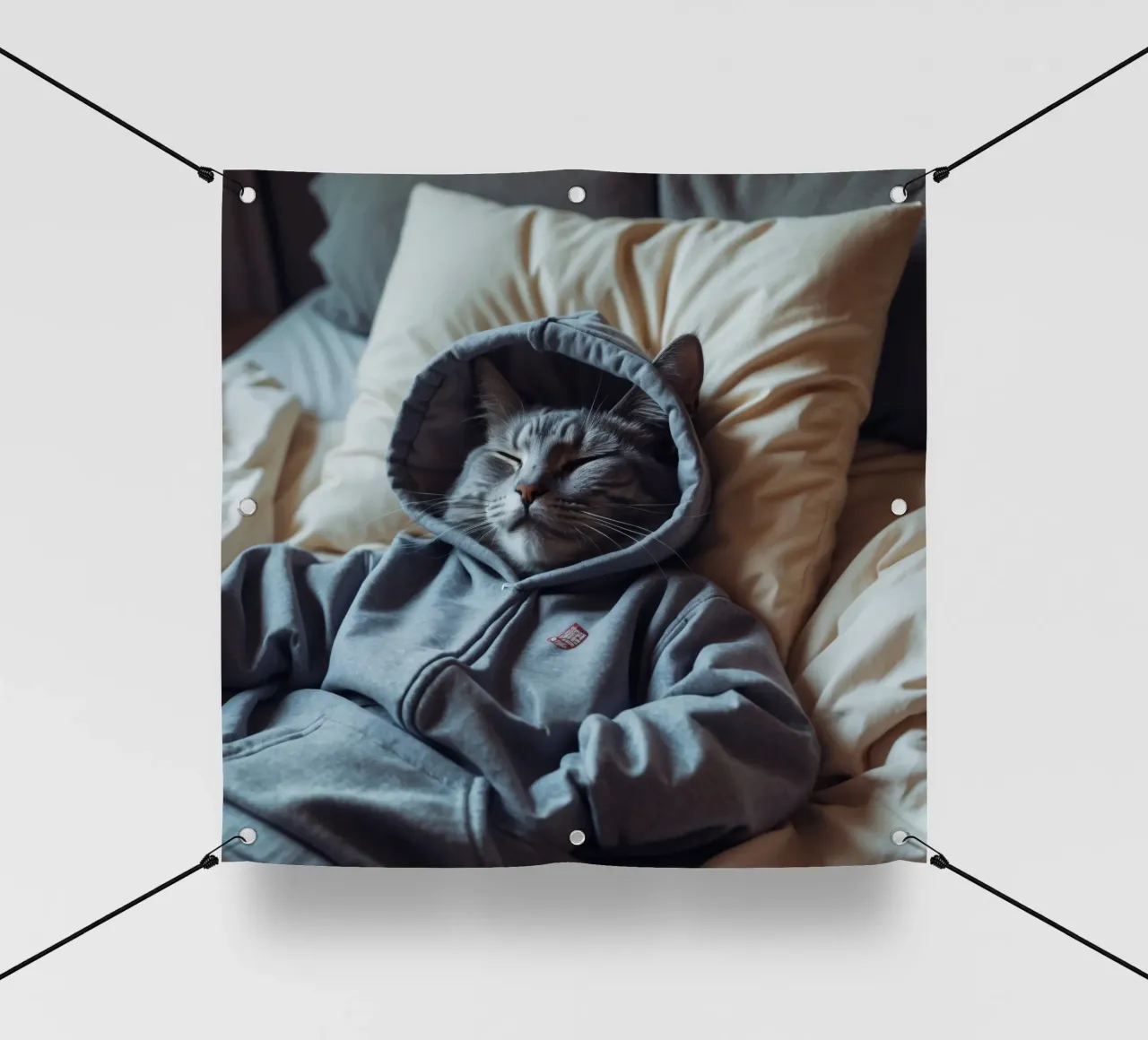 Gatto che riposa comodamente in felpa su un morbido cuscino telo in pvc da DesignDoodle
