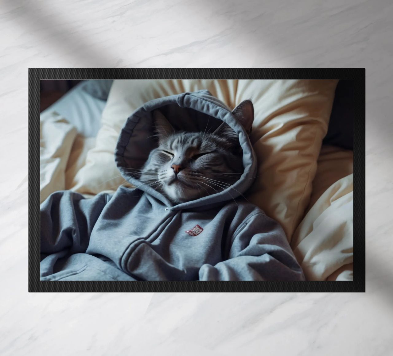 Gato descansando cómodamente en una sudadera con capucha sobre una suave almohada felpudo de DesignDoodle