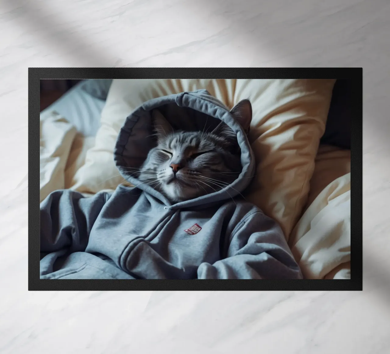 Gatto che riposa comodamente in felpa su un morbido cuscino zerbino da DesignDoodle