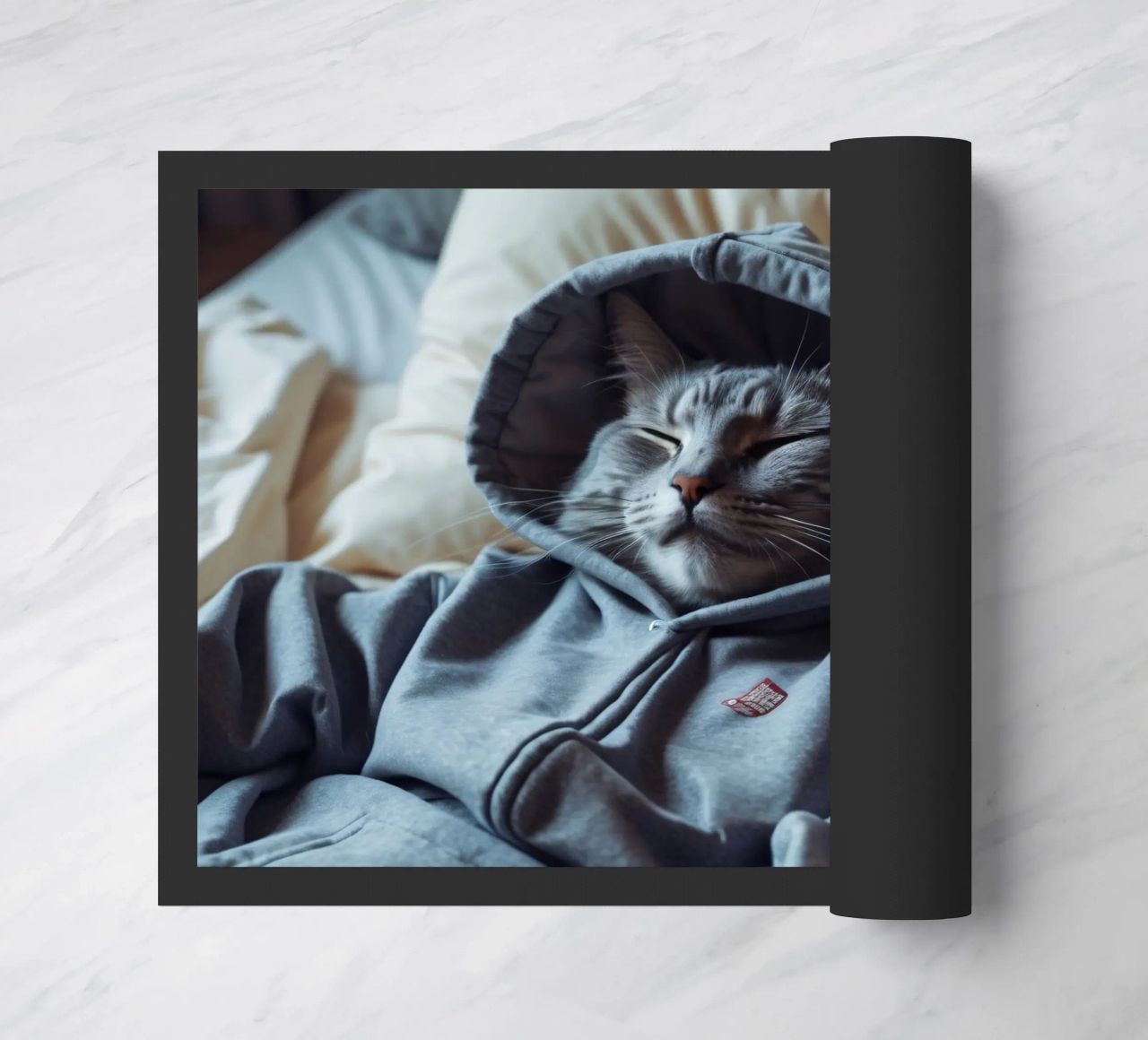 Gato descansando cómodamente en una sudadera con capucha sobre una suave almohada felpudo de DesignDoodle