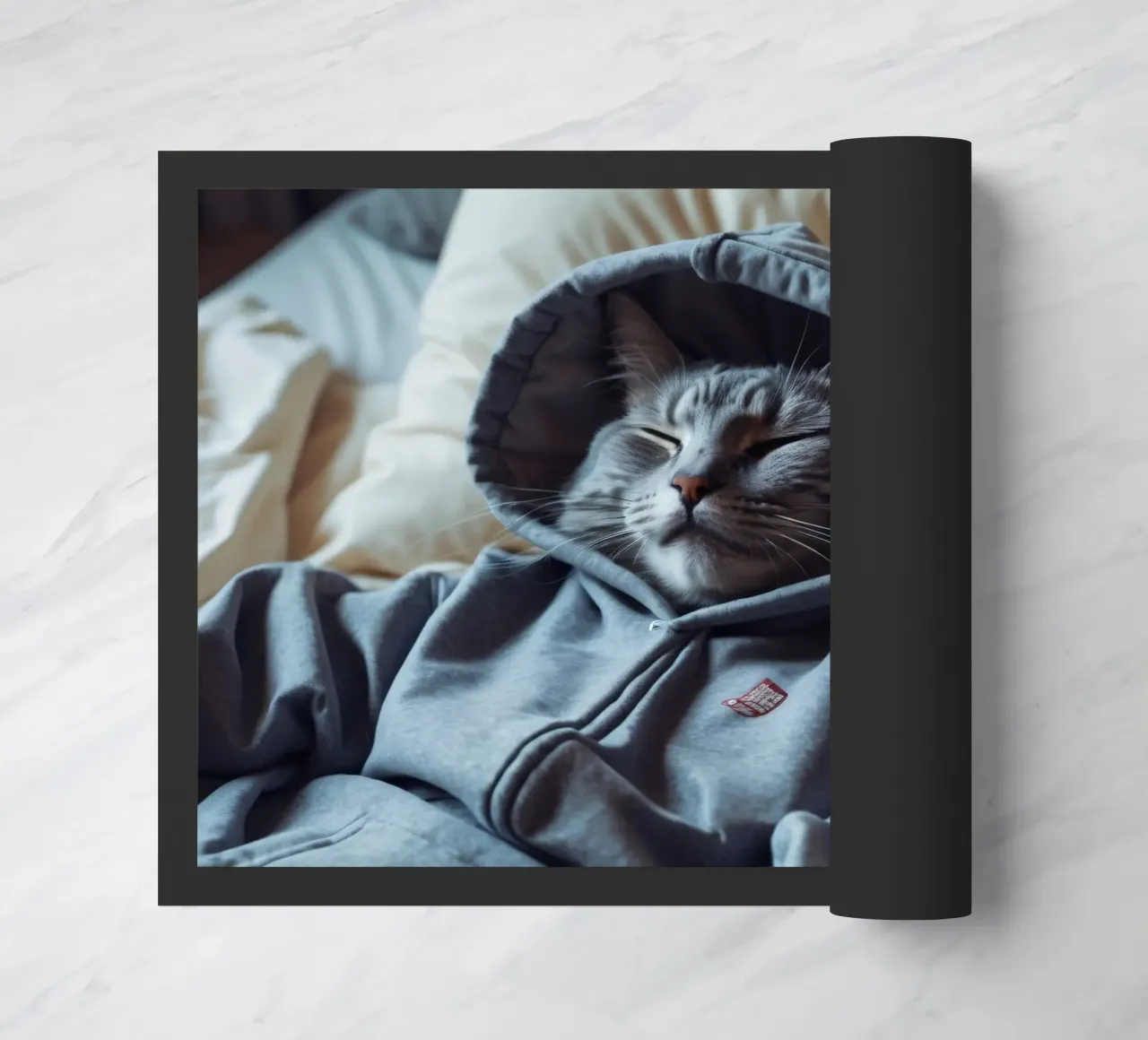 Kat rust comfortabel in een hoodie op een zacht kussen deurmat van DesignDoodle