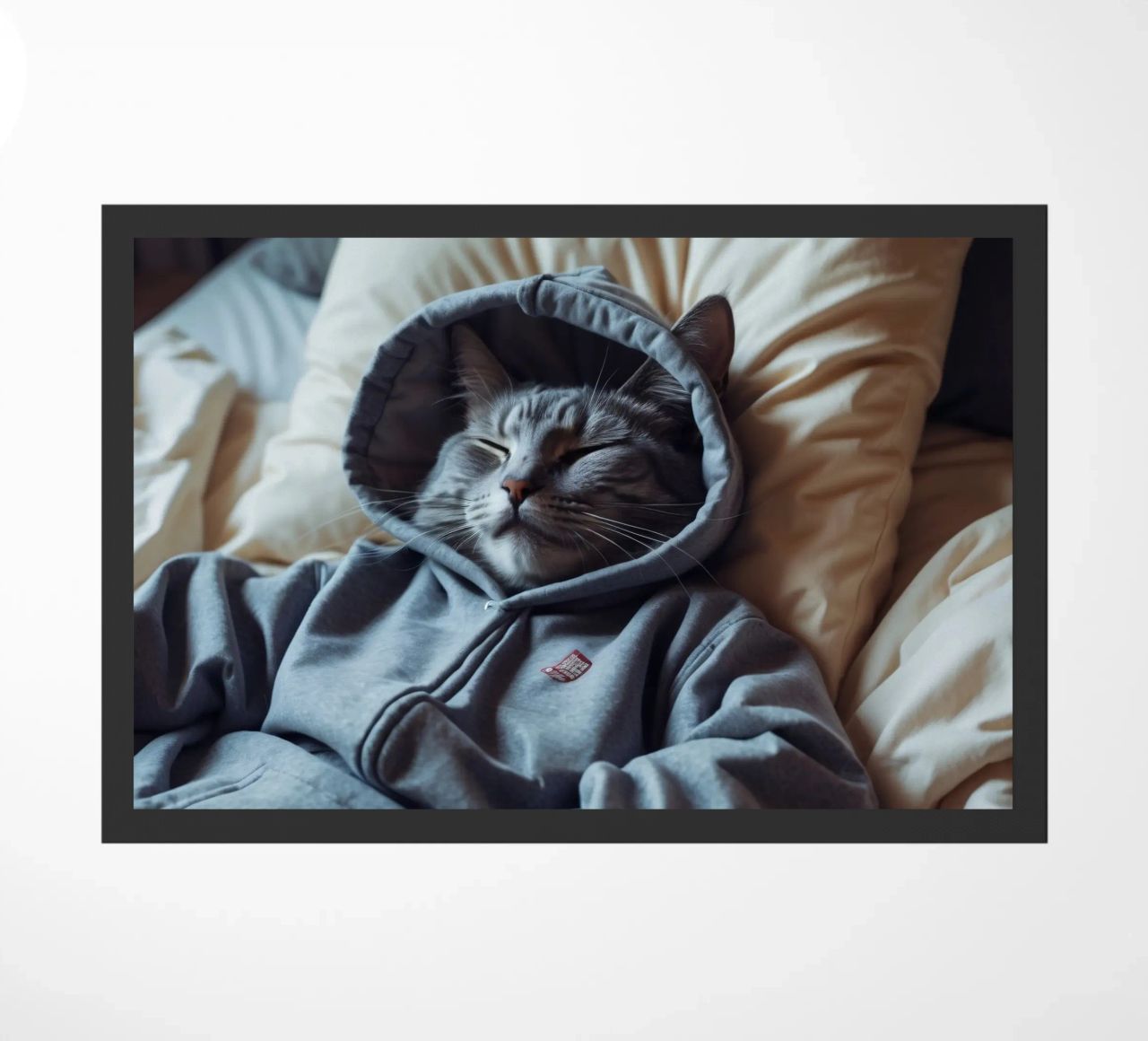 Gato descansando cómodamente en una sudadera con capucha sobre una suave almohada felpudo de DesignDoodle