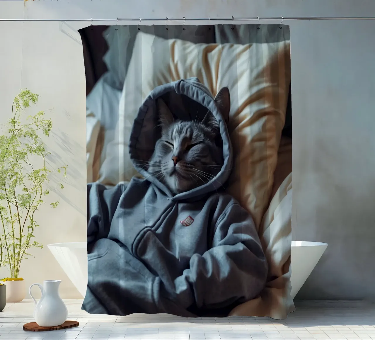 Gato descansando cómodamente en una sudadera con capucha sobre una suave almohada cortina de baño de DesignDoodle
