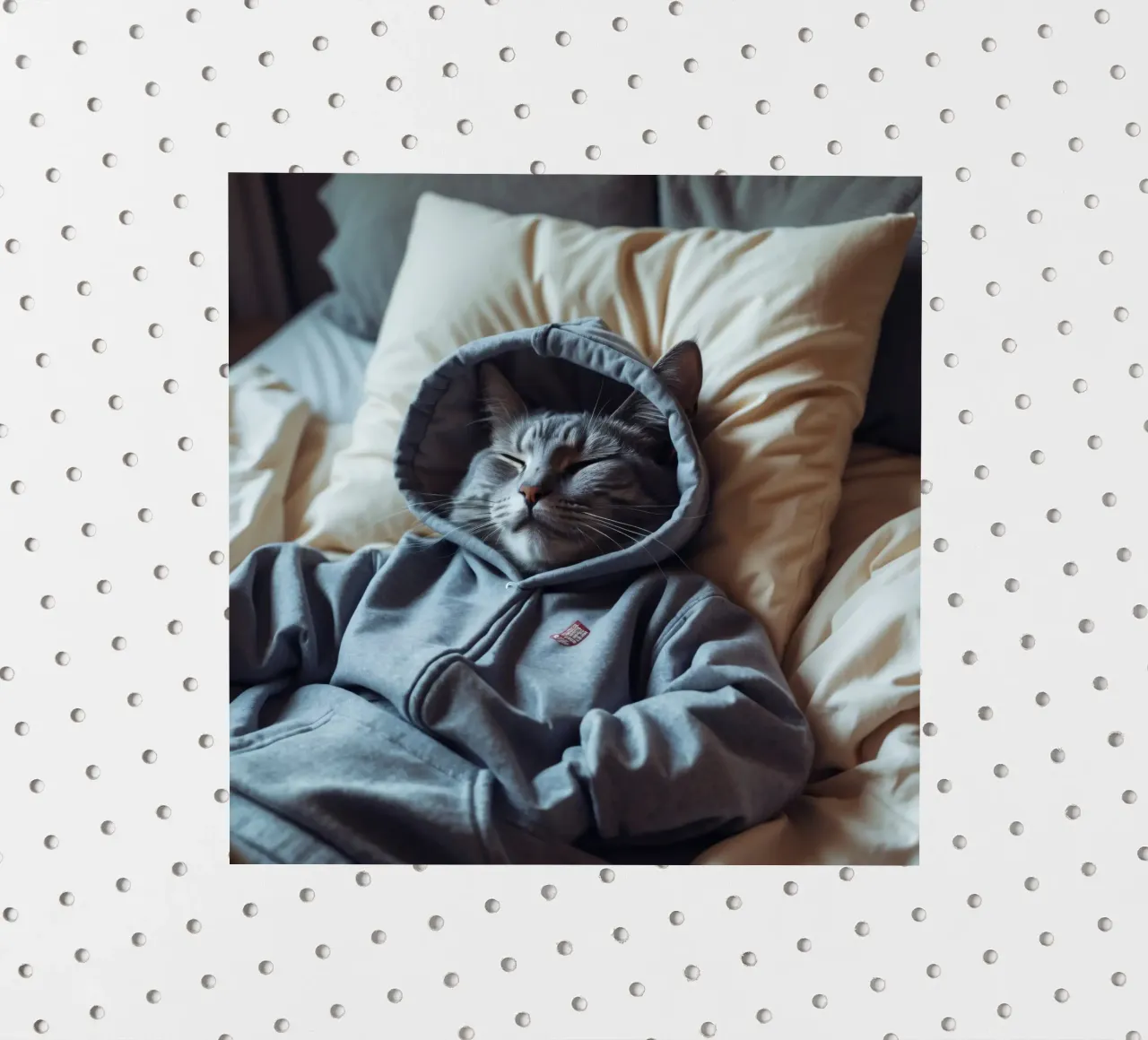 Gato descansando cómodamente en una sudadera con capucha sobre una suave almohada pegatina de DesignDoodle