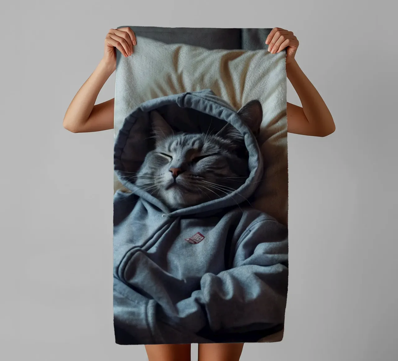 Kat rust comfortabel in een hoodie op een zacht kussen badhanddoek van DesignDoodle